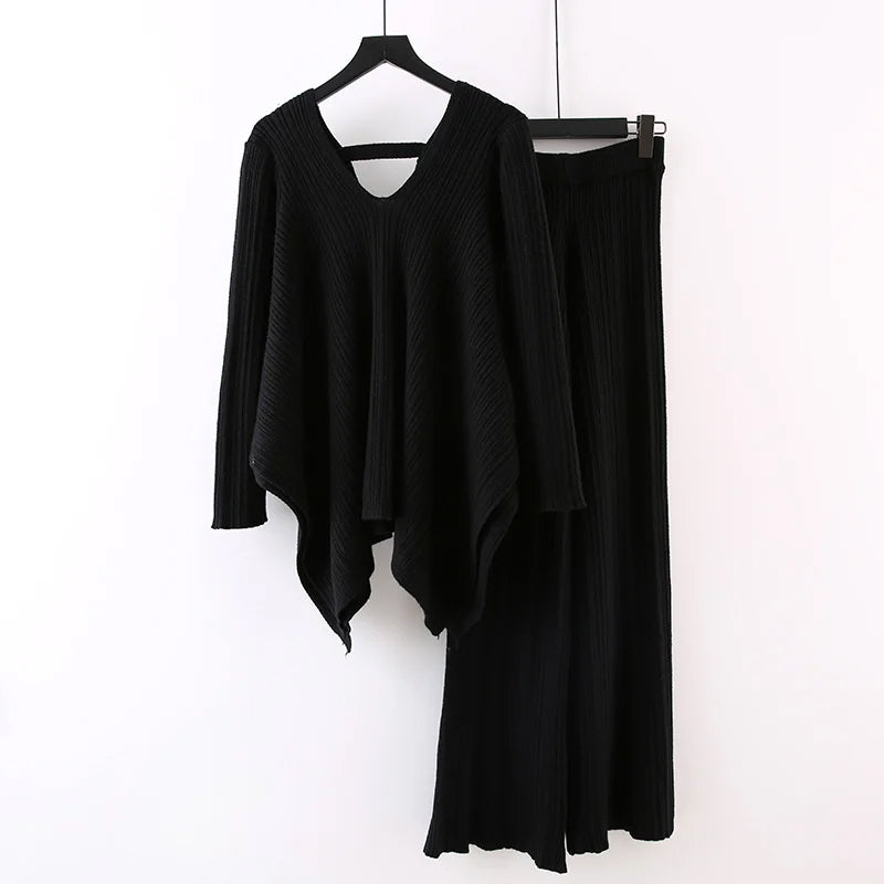 Women's pleated knit v-neck top wide-leg pants set