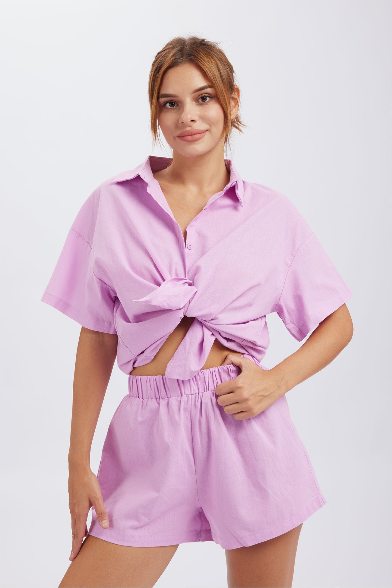 Merlina - solid button down drop shoulder shirt shorts set