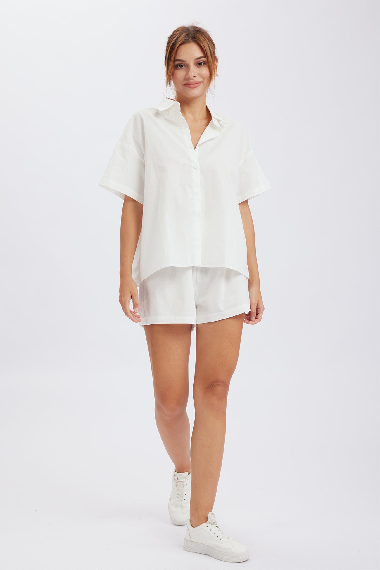 Merlina - solid button down drop shoulder shirt shorts set
