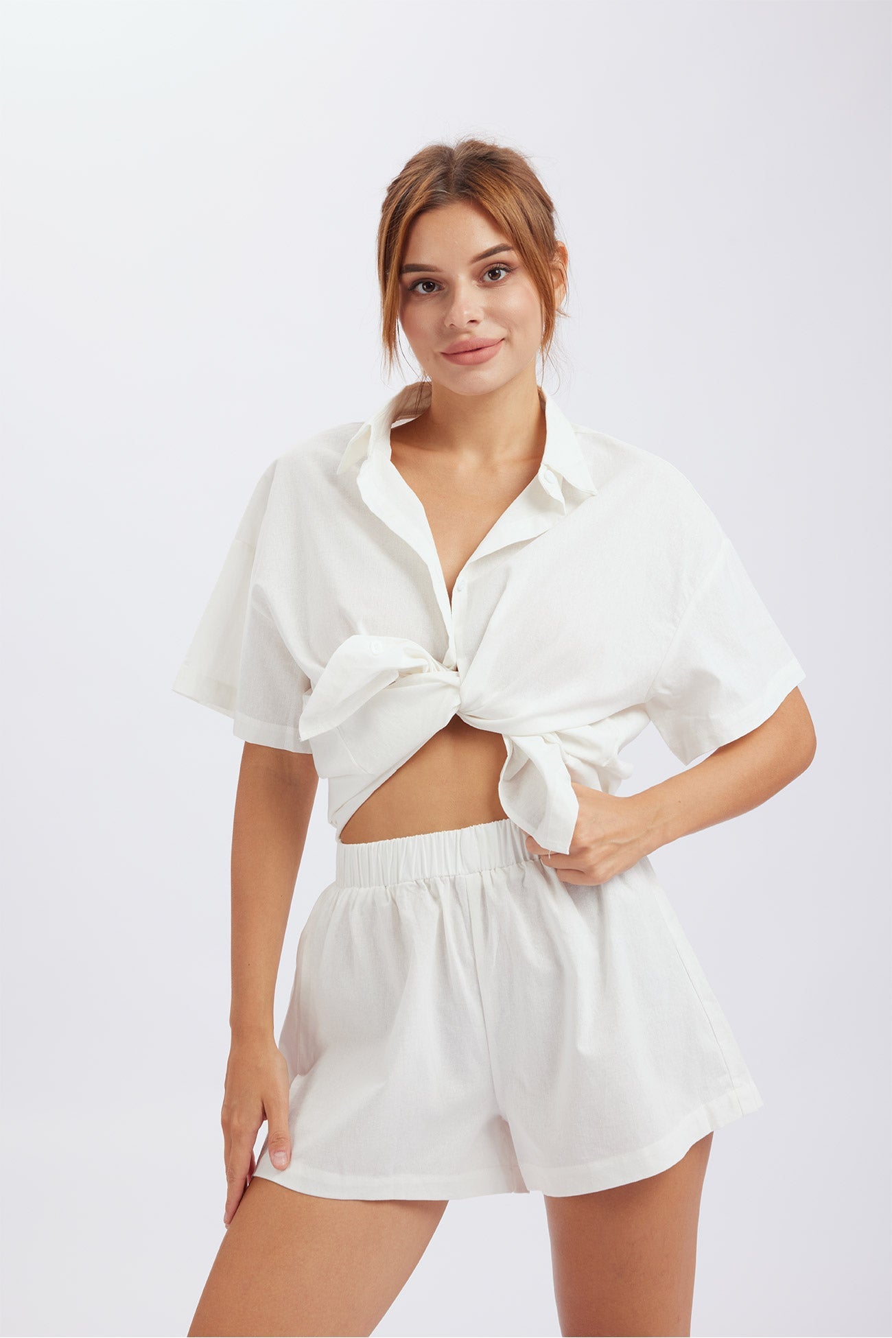 Merlina - solid button down drop shoulder shirt shorts set