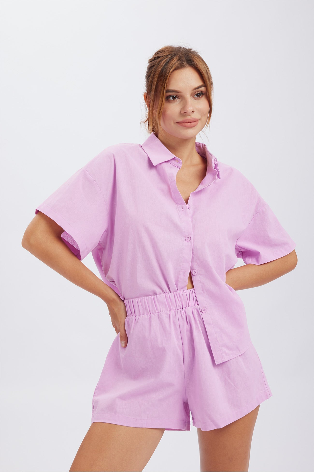 Merlina - solid button down drop shoulder shirt shorts set