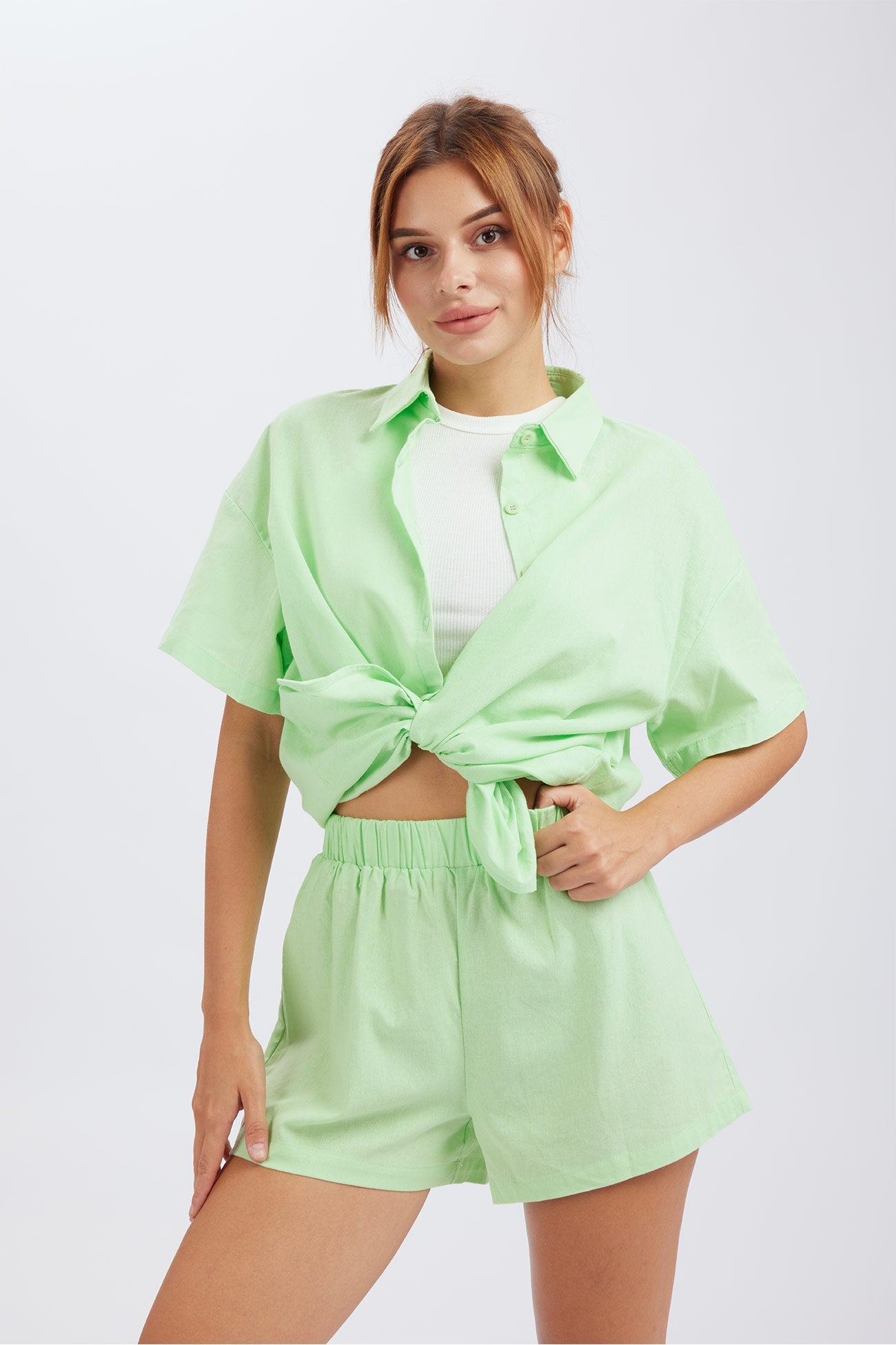 Merlina - solid button down drop shoulder shirt shorts set