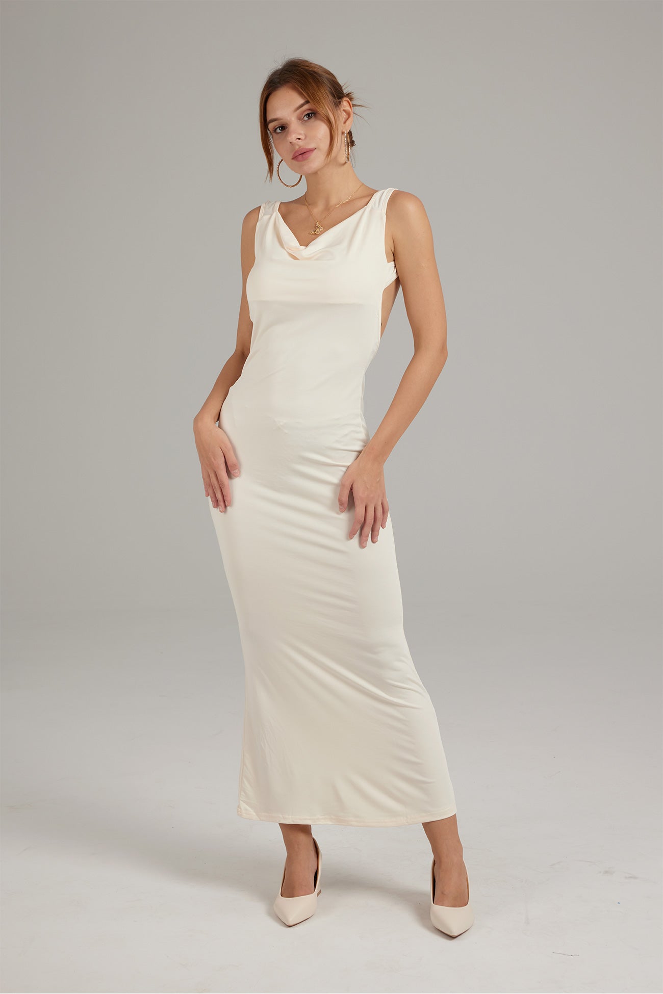 Women's Backless Gown - Full-Length Elegant Fit - Cowl Neck Evening Dress