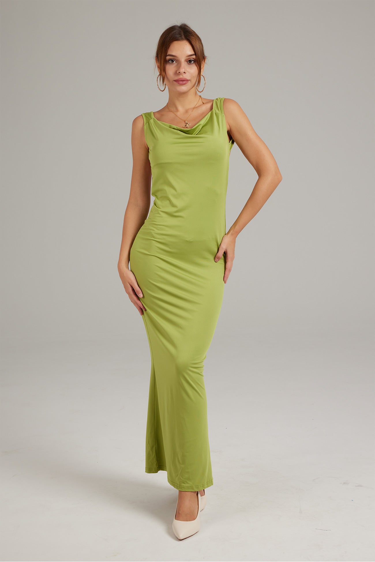 Women's Backless Gown - Full-Length Elegant Fit - Cowl Neck Evening Dress
