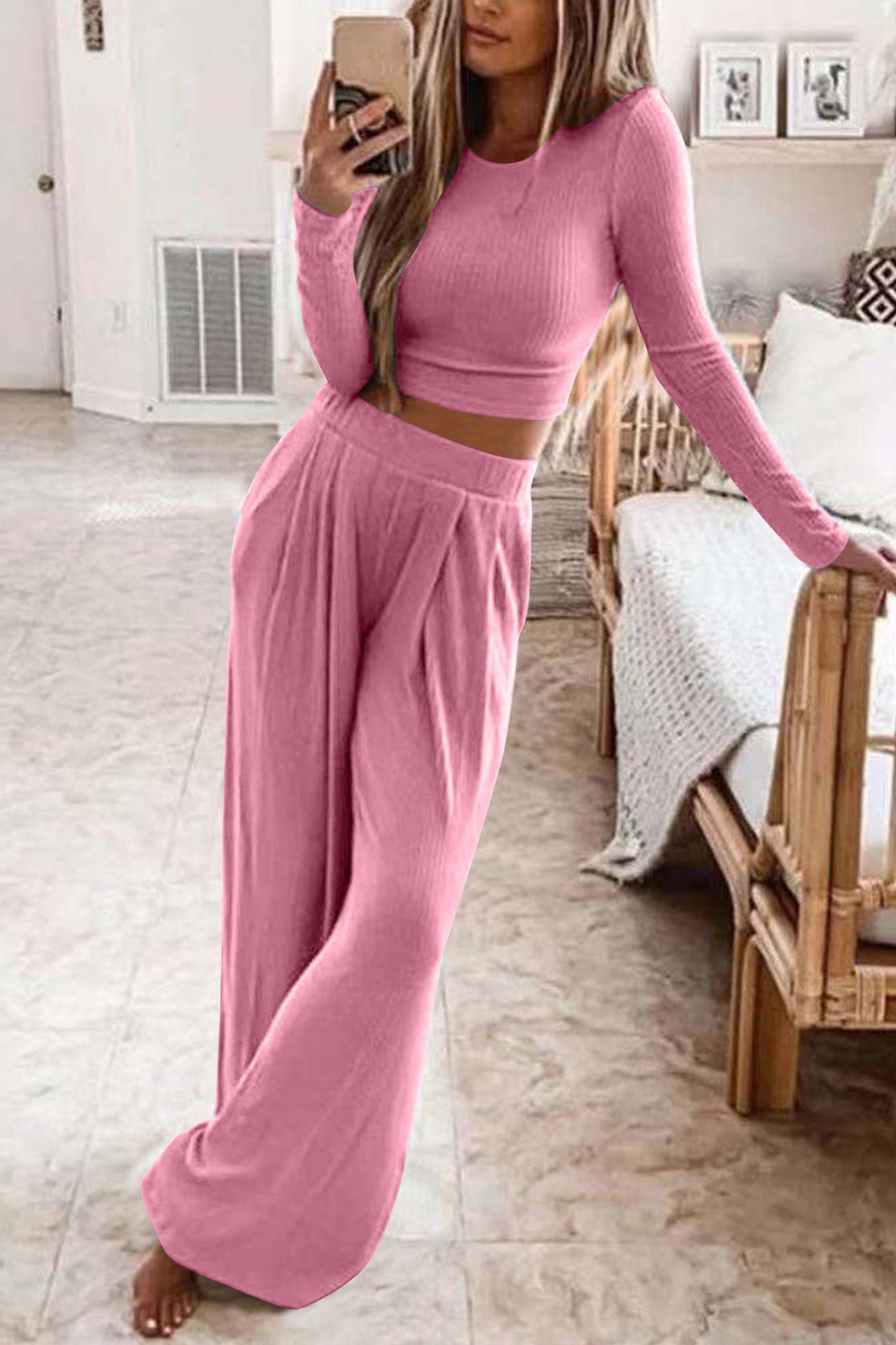 Women's ribbed crop top and long pants set