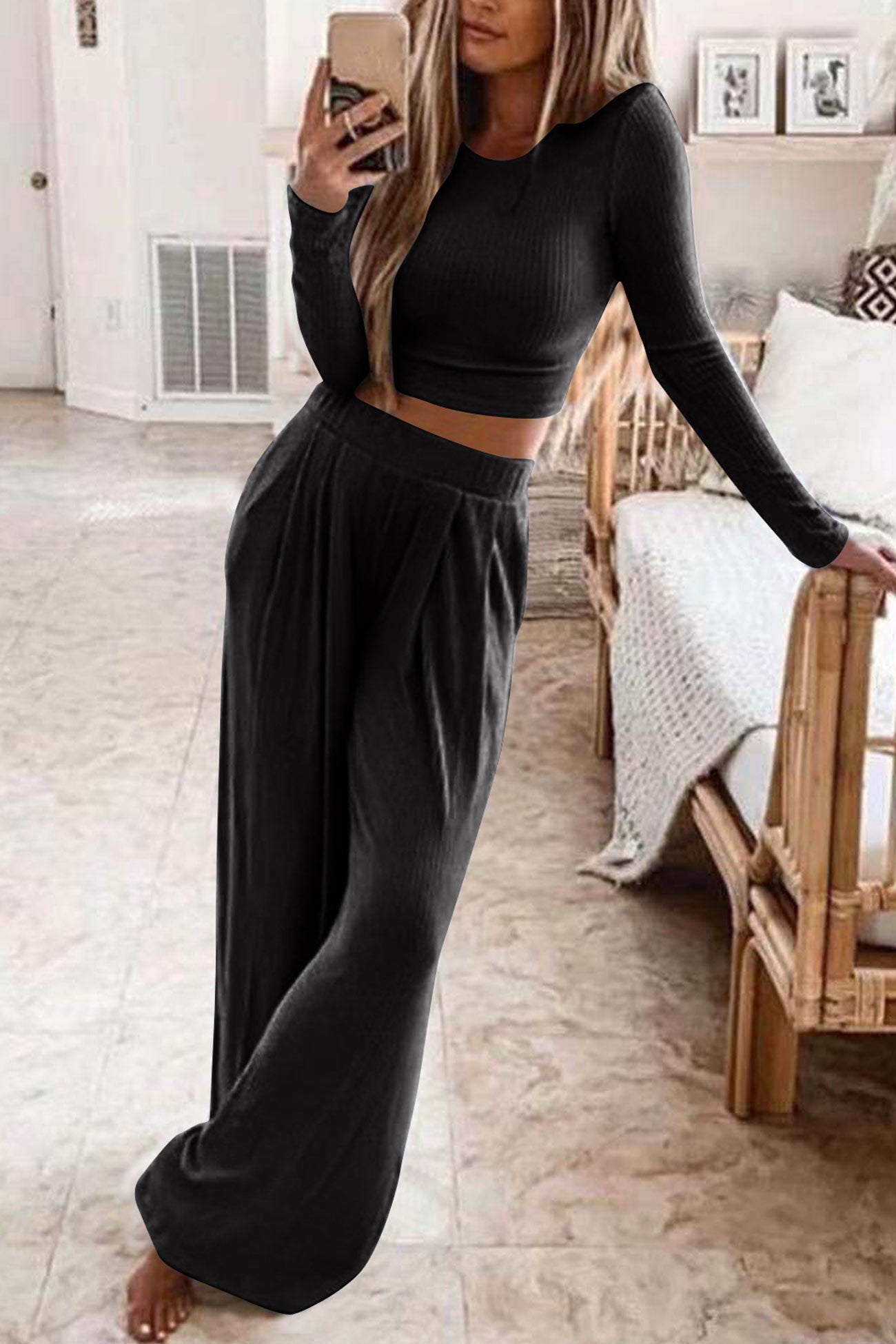 Women's ribbed crop top and long pants set