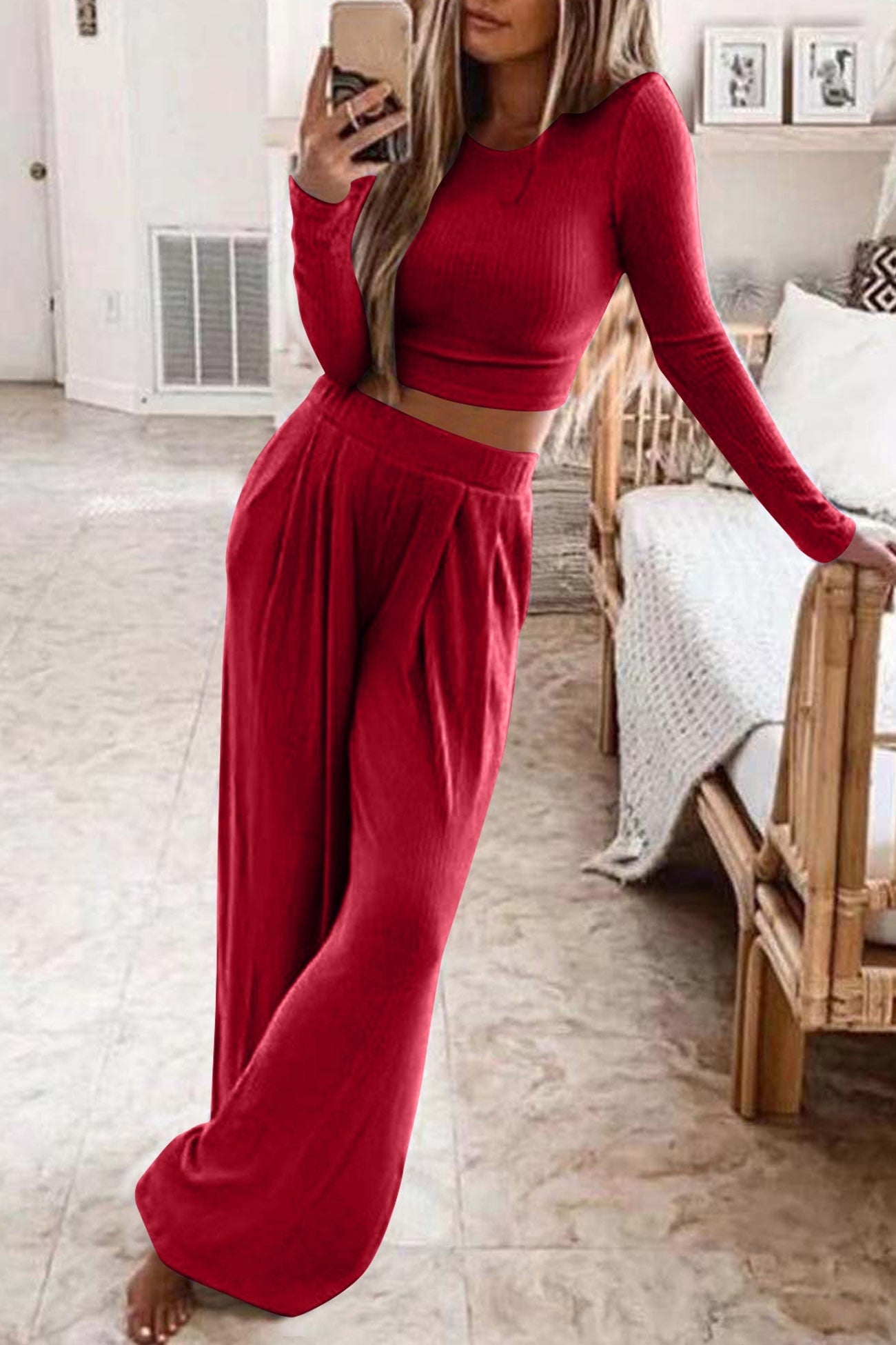 Women's ribbed crop top and long pants set