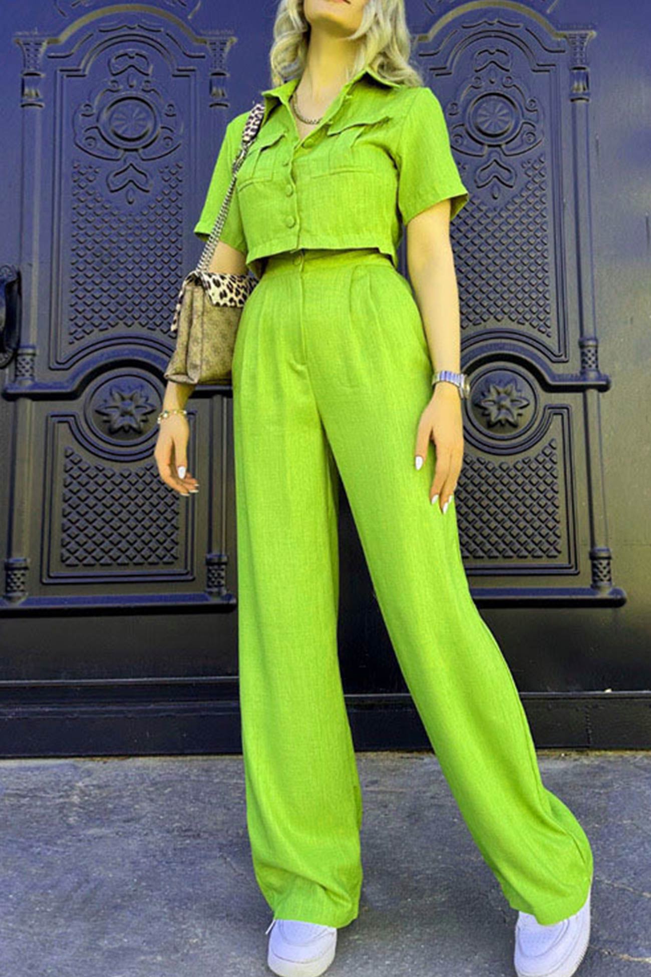 Women's solid crop blouse and high waisted long pants set