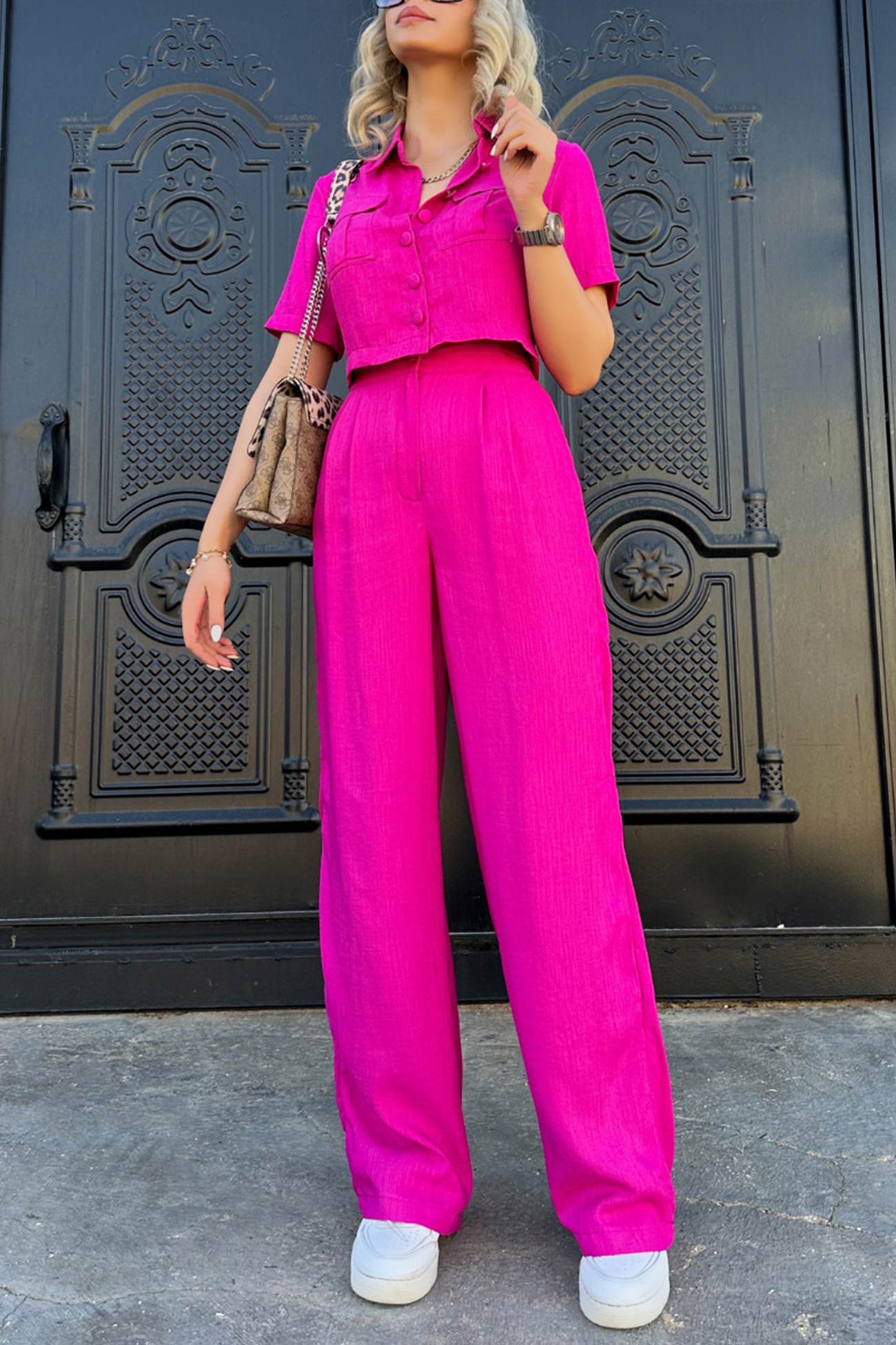 Women's solid crop blouse and high waisted long pants set