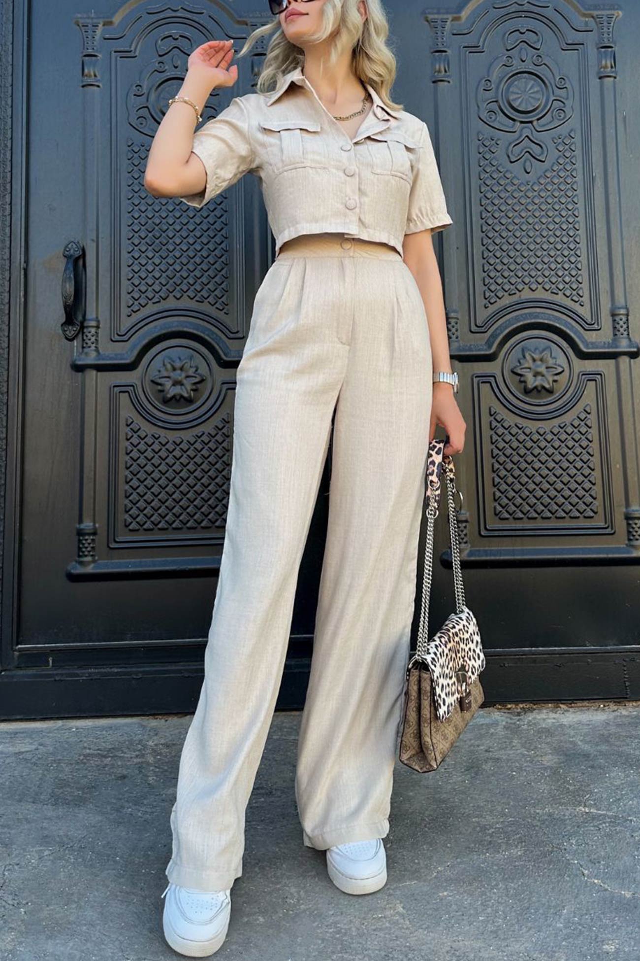 Women's solid crop blouse and high waisted long pants set