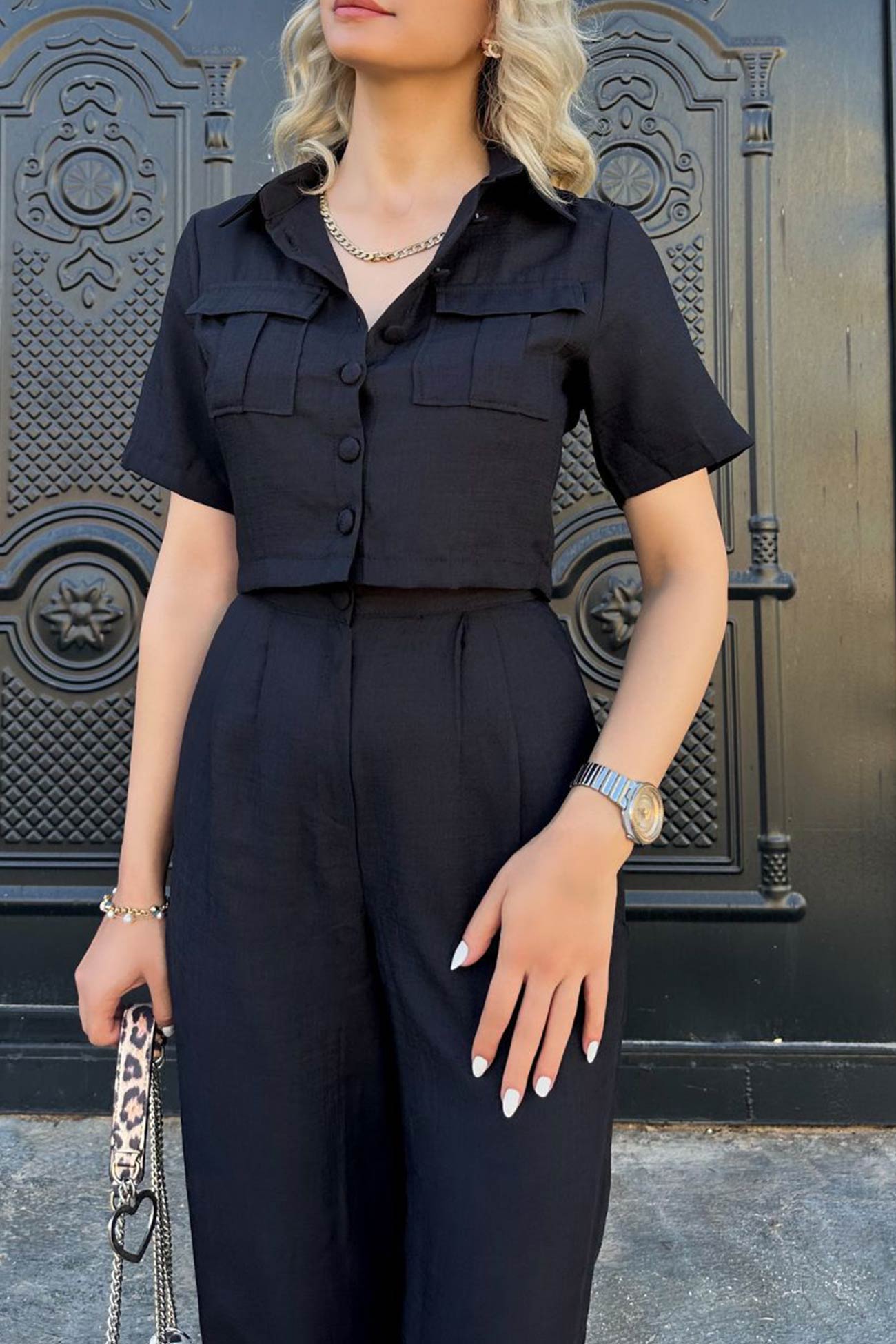 Women's solid crop blouse and high waisted long pants set