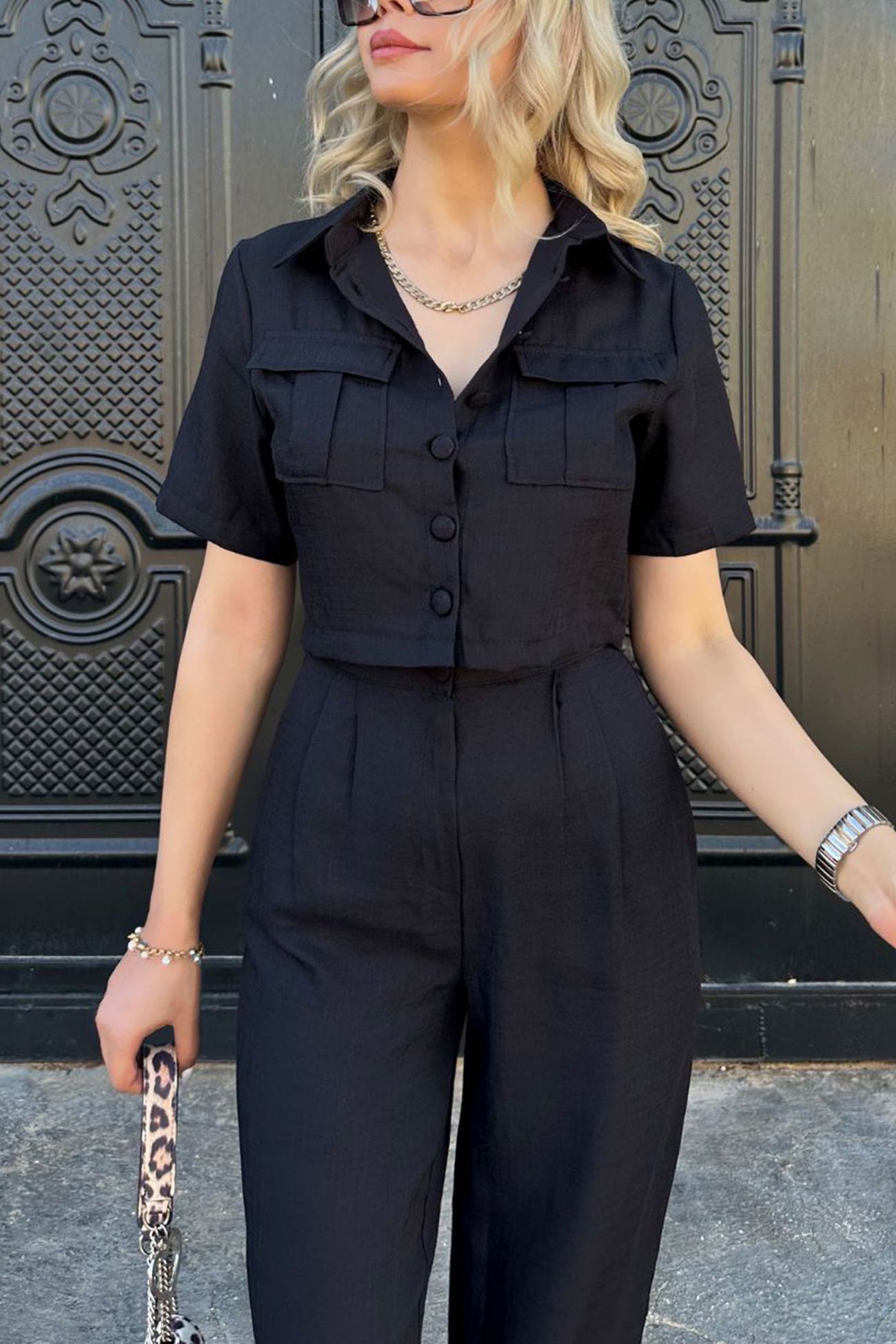 Women's solid crop blouse and high waisted long pants set
