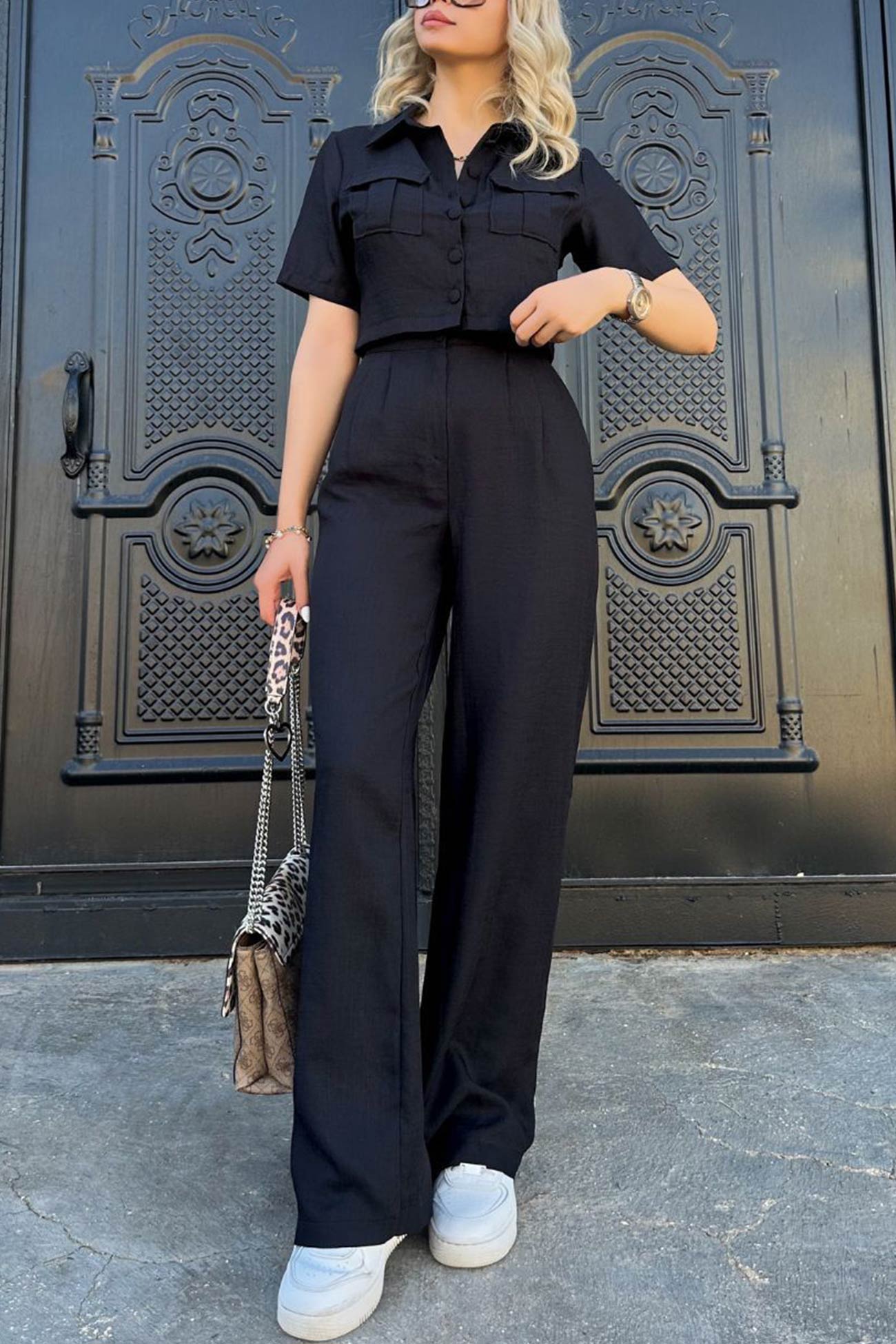 Women's solid crop blouse and high waisted long pants set