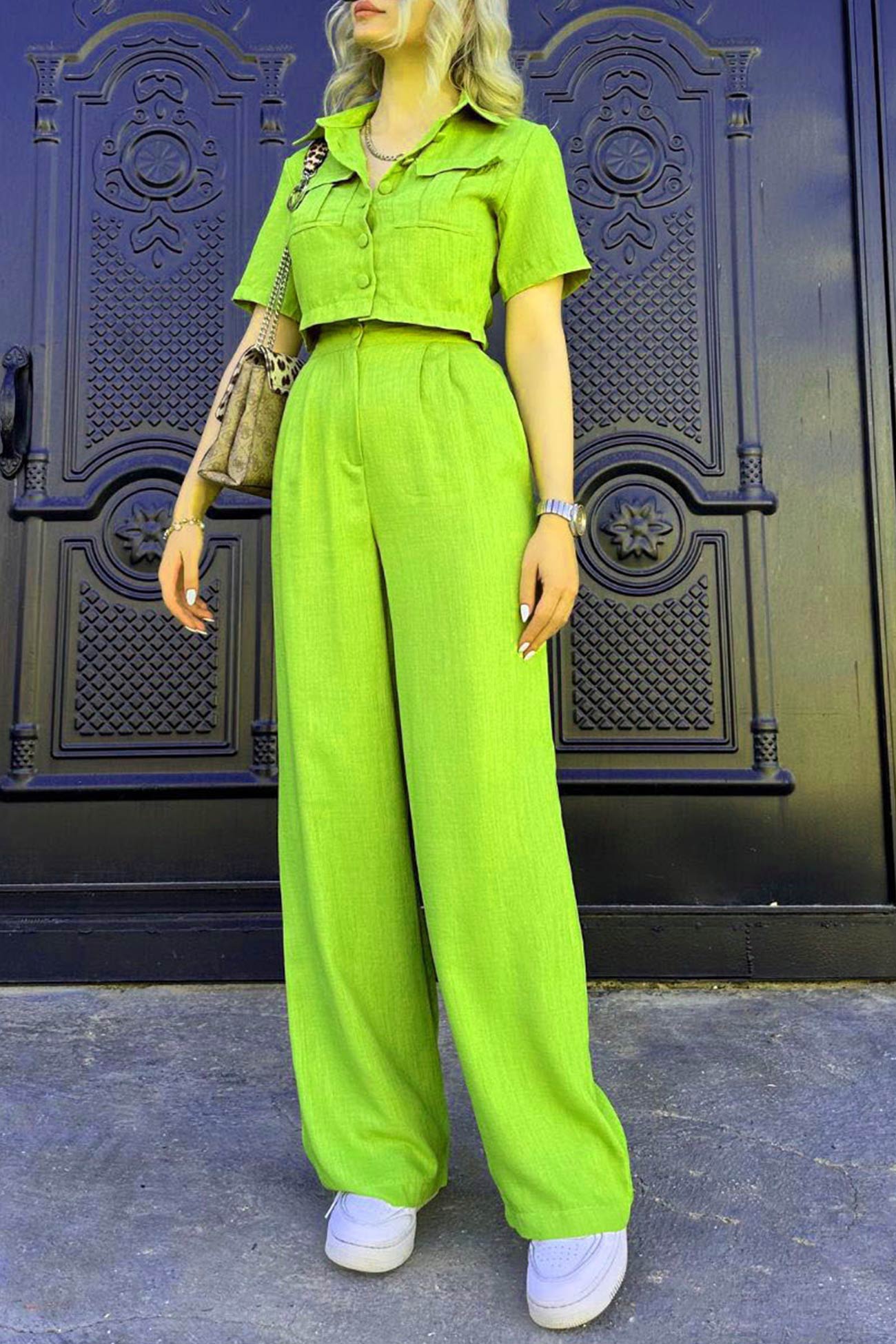 Women's solid crop blouse and high waisted long pants set