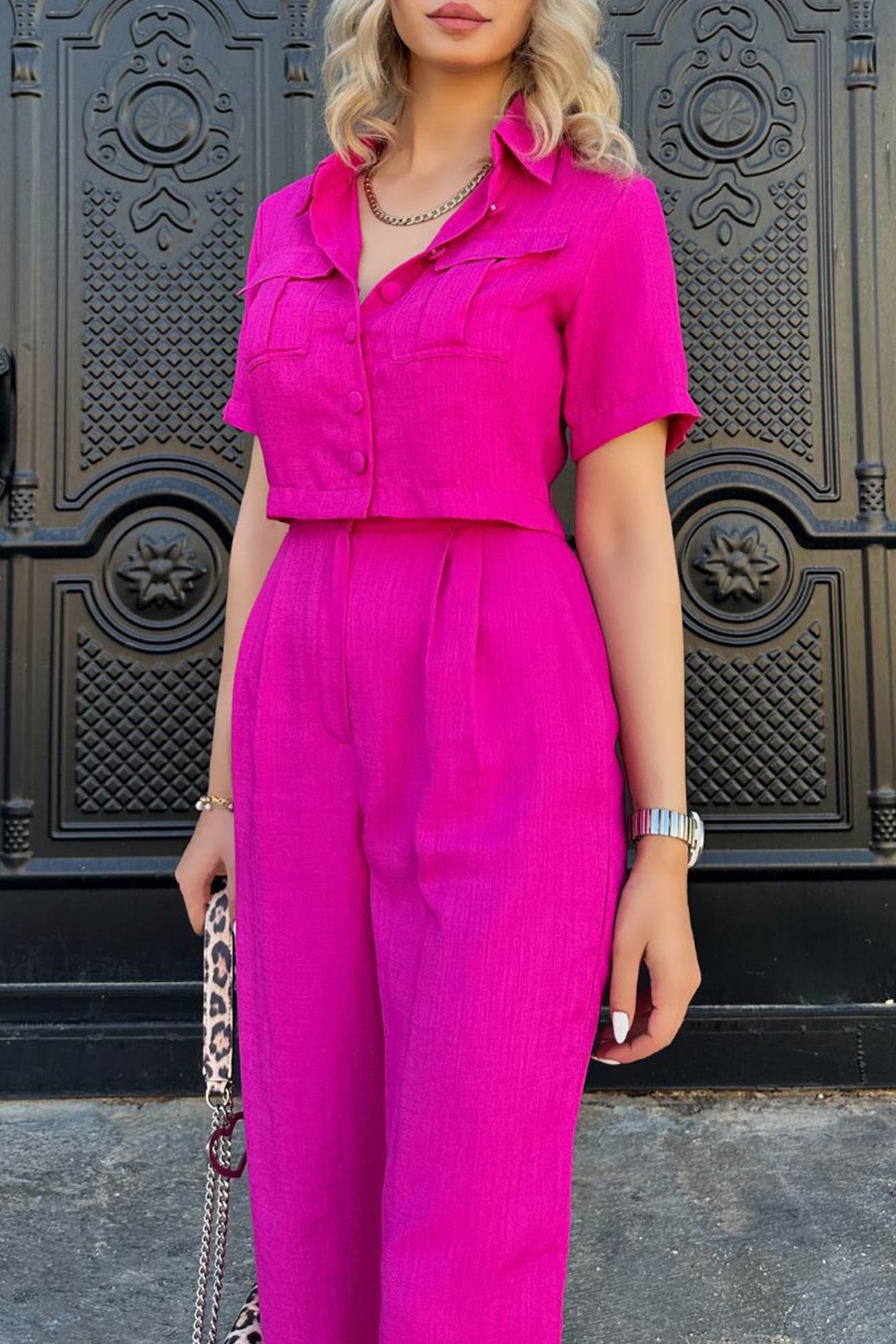 Women's solid crop blouse and high waisted long pants set