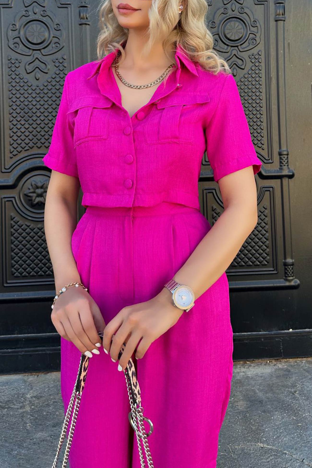 Women's solid crop blouse and high waisted long pants set
