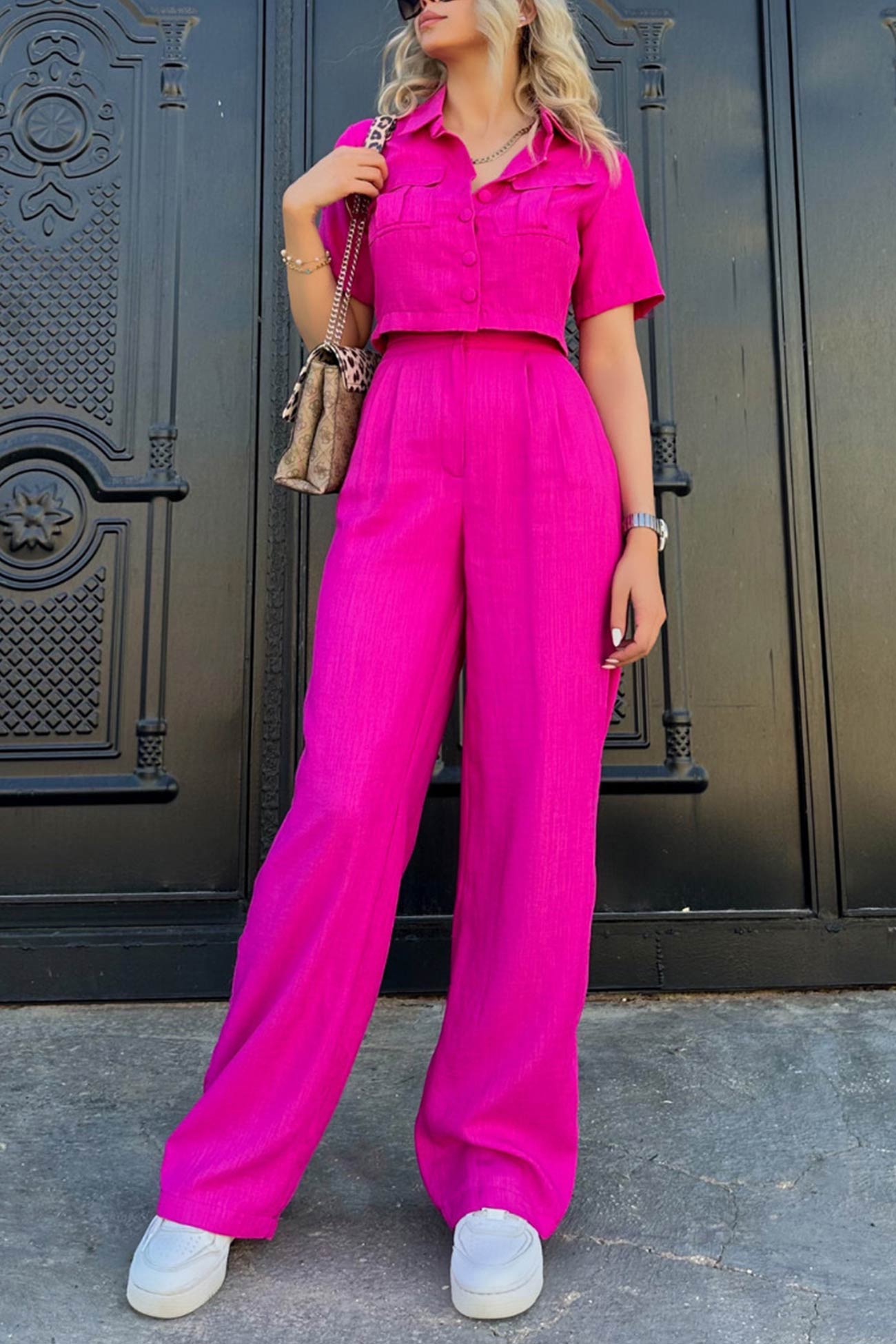 Women's solid crop blouse and high waisted long pants set