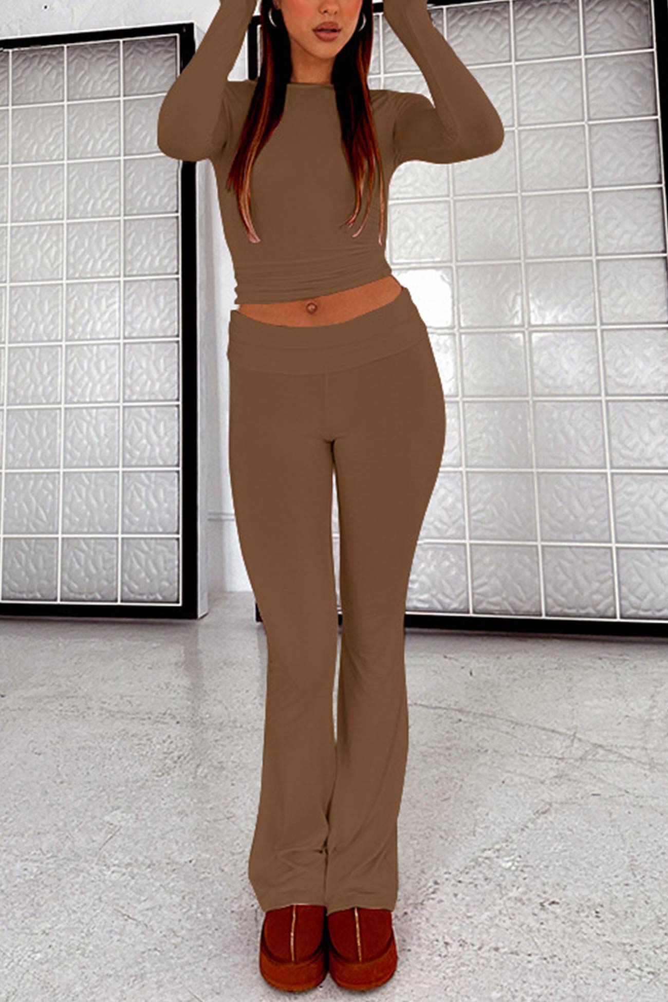 Women's solid long sleeve crop top with flared low-waist pants set
