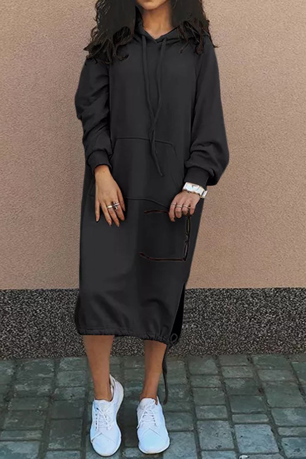 Women's Hoodie Dress - Midi Length - Drawstring Hood - Long Sleeve - Kangaroo Pocket