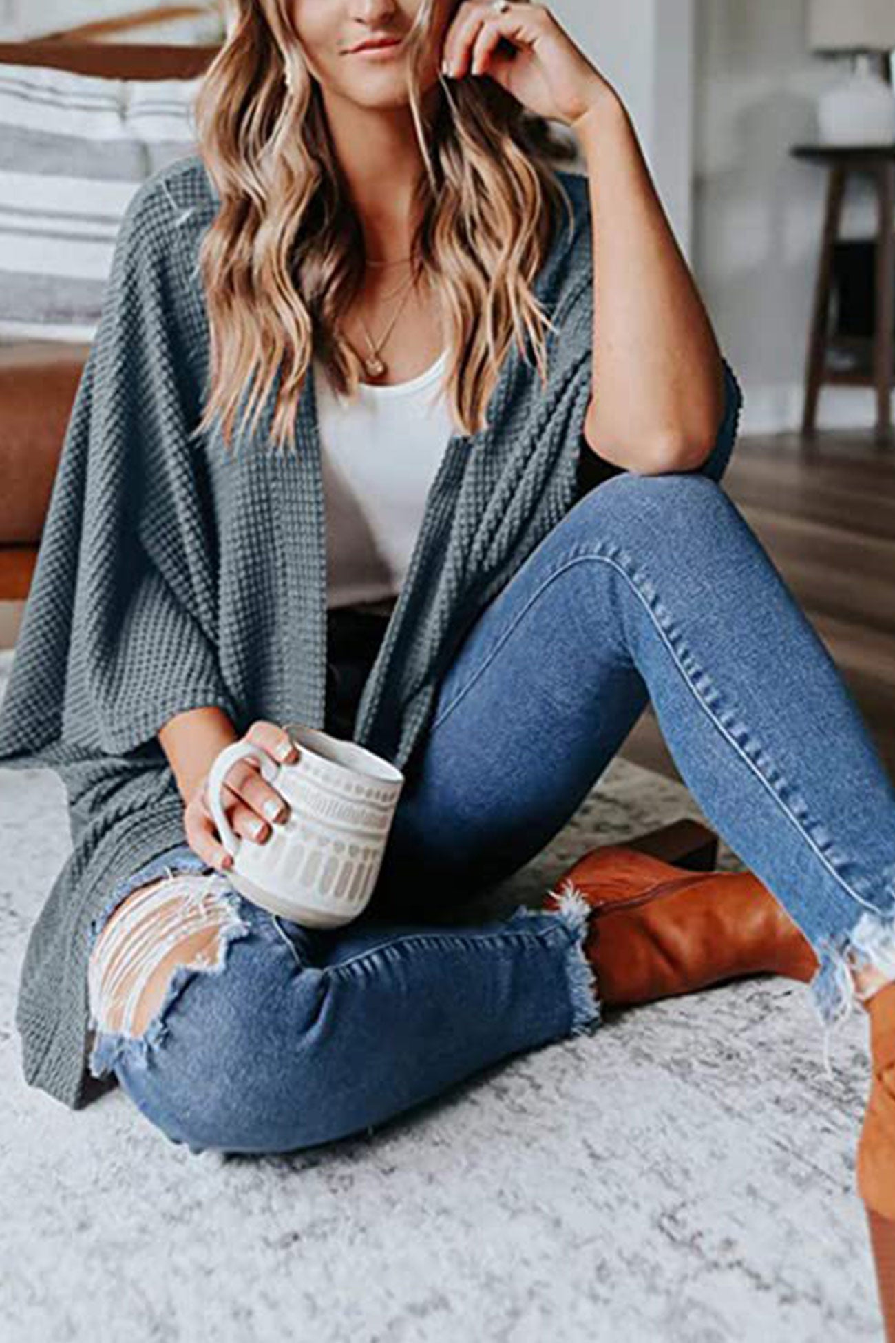 Women's waffle solid half sleeve wrap cardigan