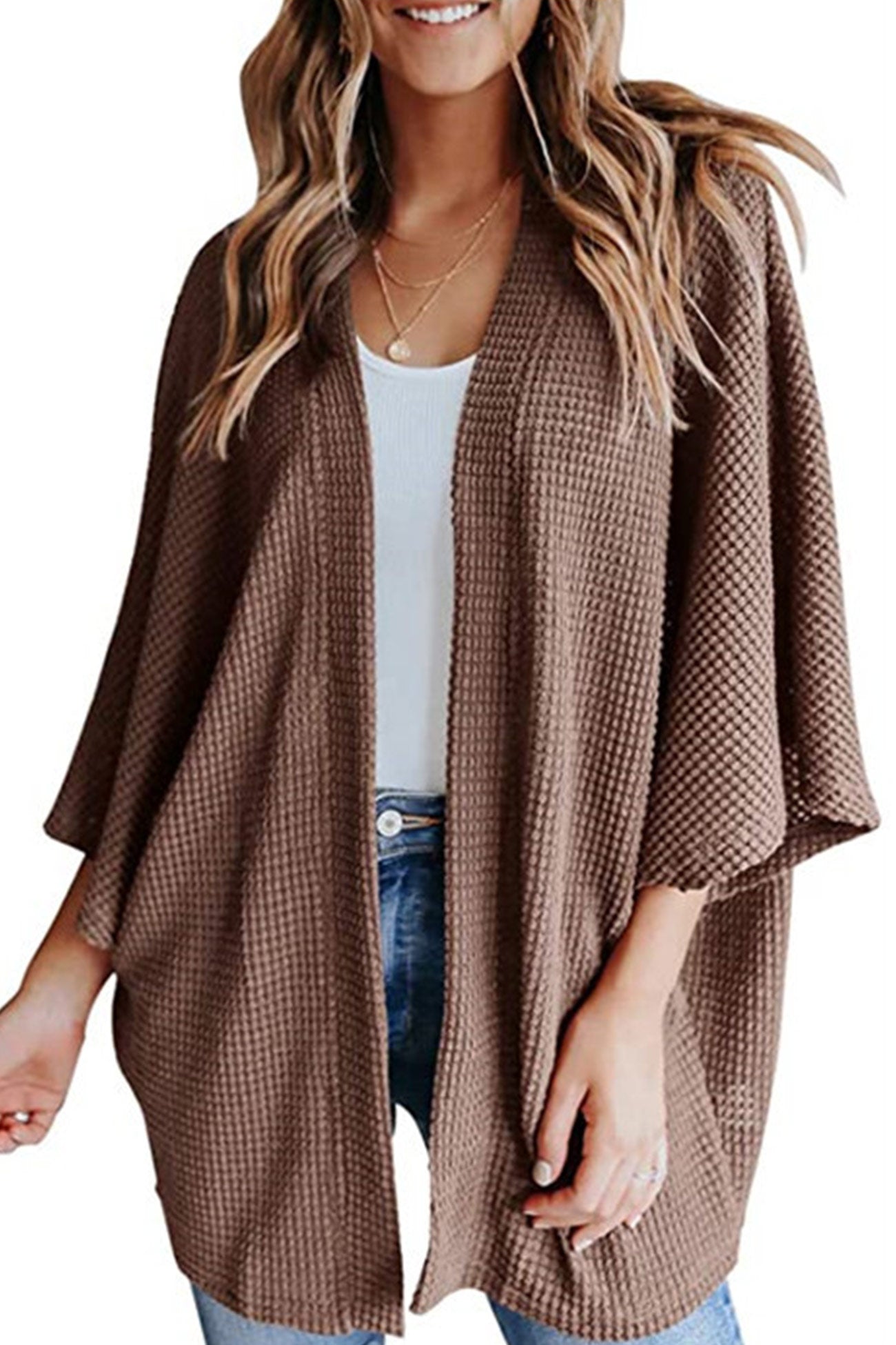 Waffle Knit Wrap Half Sleeve Cardigan