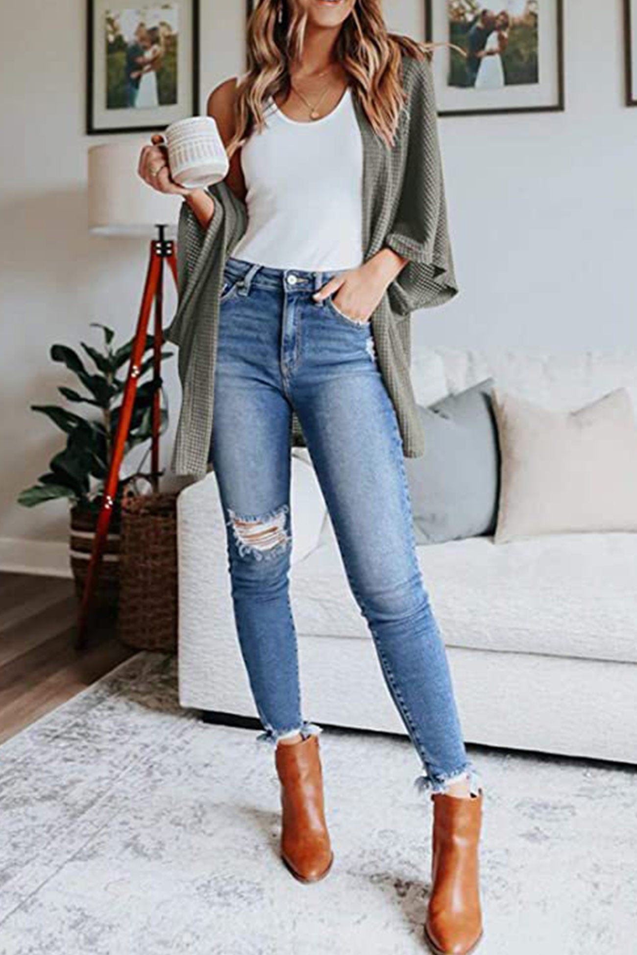 Women's waffle solid half sleeve wrap cardigan