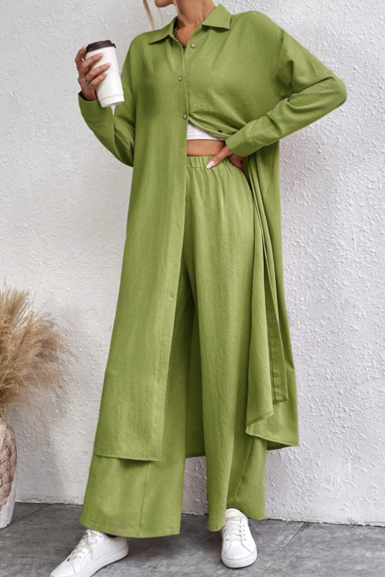 Women's solid button-down knee-length shirt and wide leg pants set