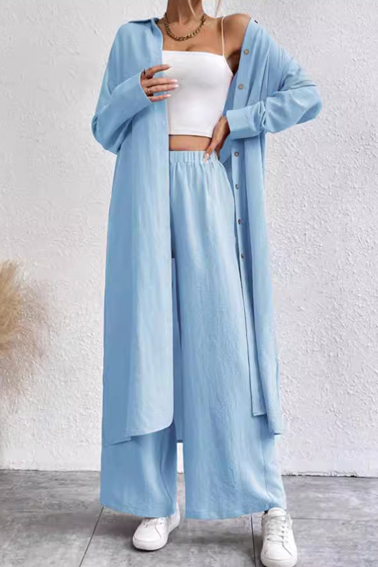 Women's solid button-down knee-length shirt and wide leg pants set
