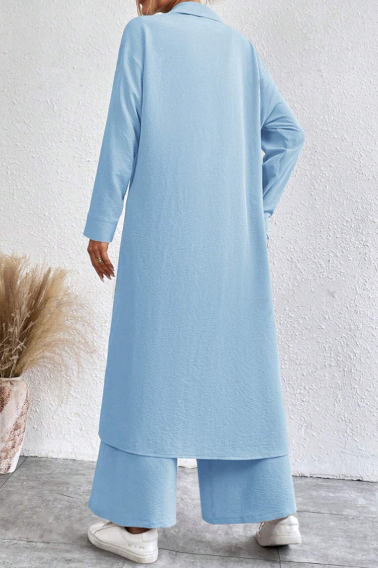 Women's solid button-down knee-length shirt and wide leg pants set