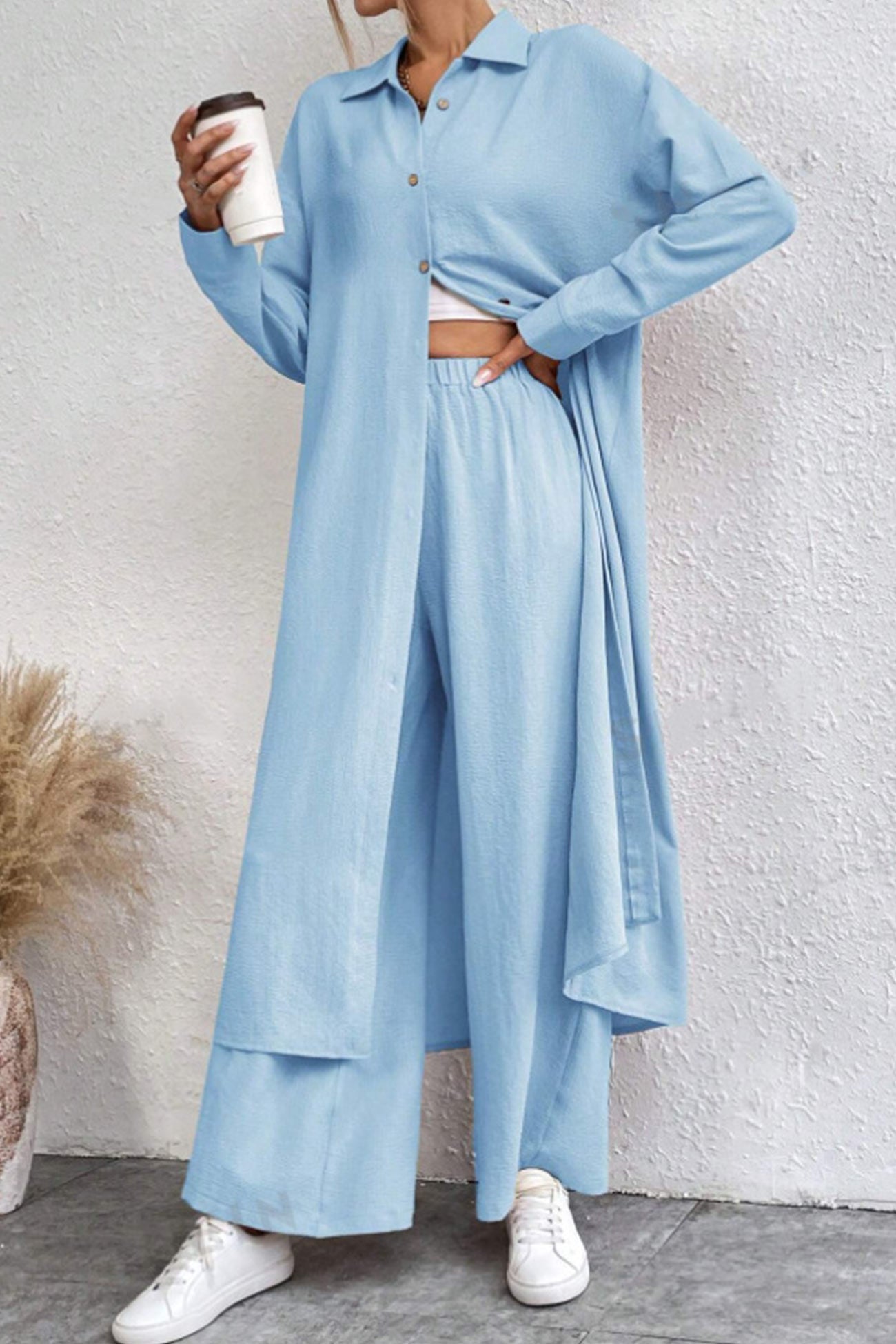 Women's solid button-down knee-length shirt and wide leg pants set