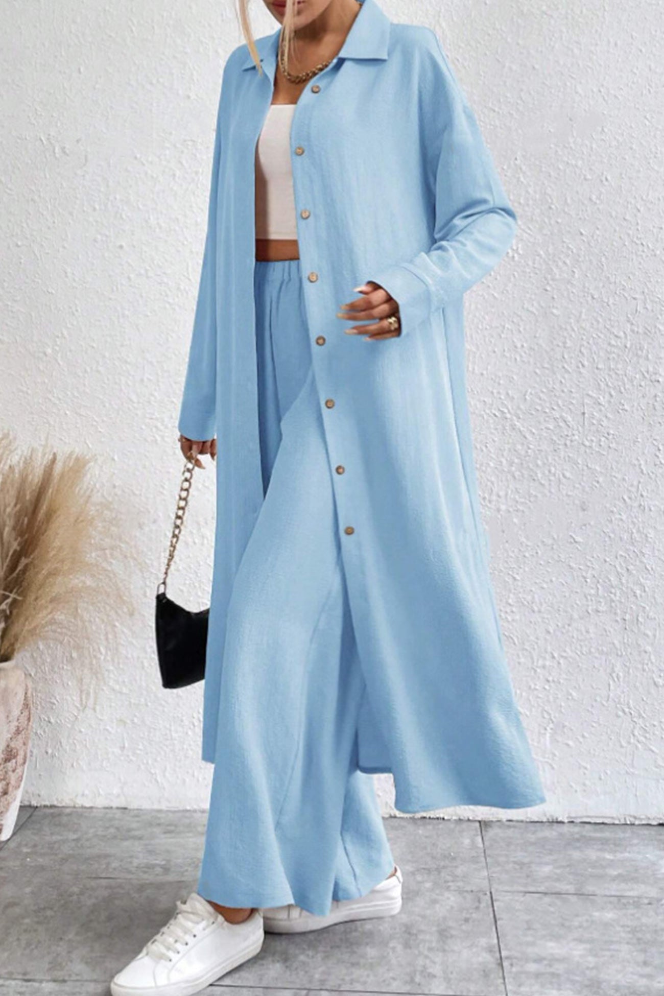 Women's solid button-down knee-length shirt and wide leg pants set
