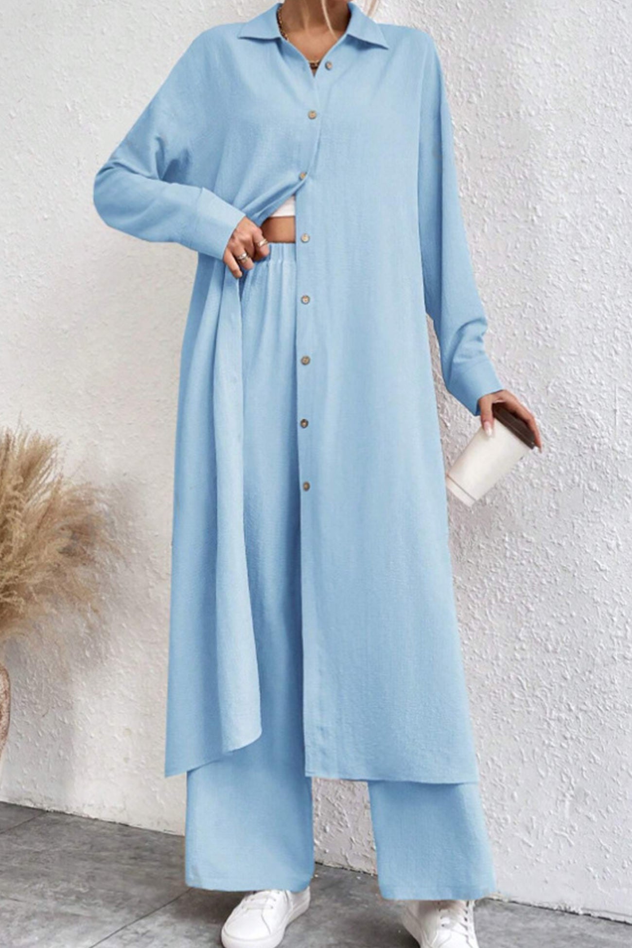 Women's solid button-down knee-length shirt and wide leg pants set