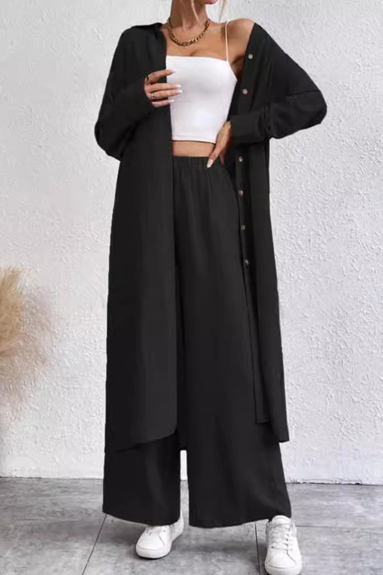 Women's solid button-down knee-length shirt and wide leg pants set