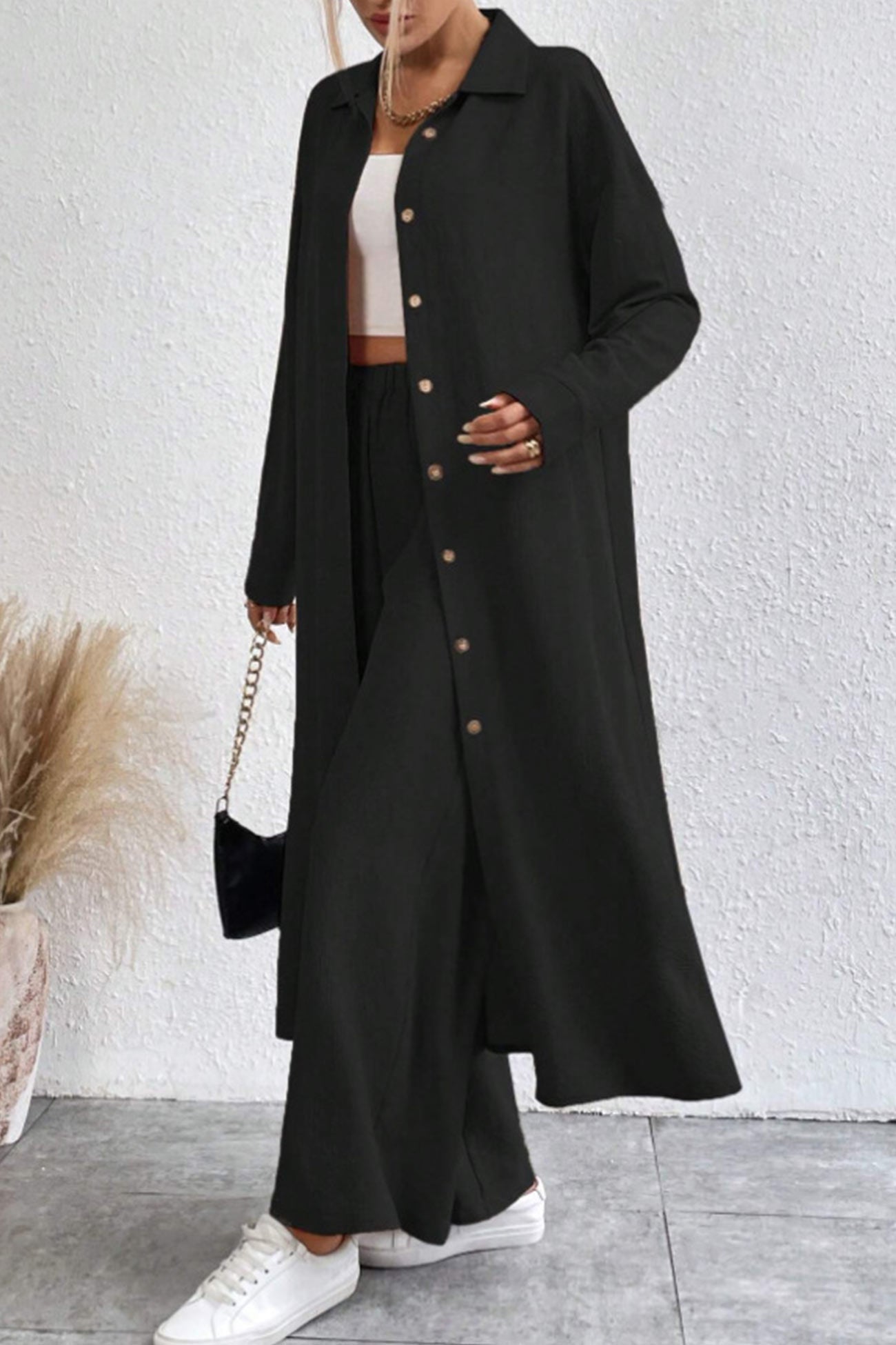 Women's solid button-down knee-length shirt and wide leg pants set