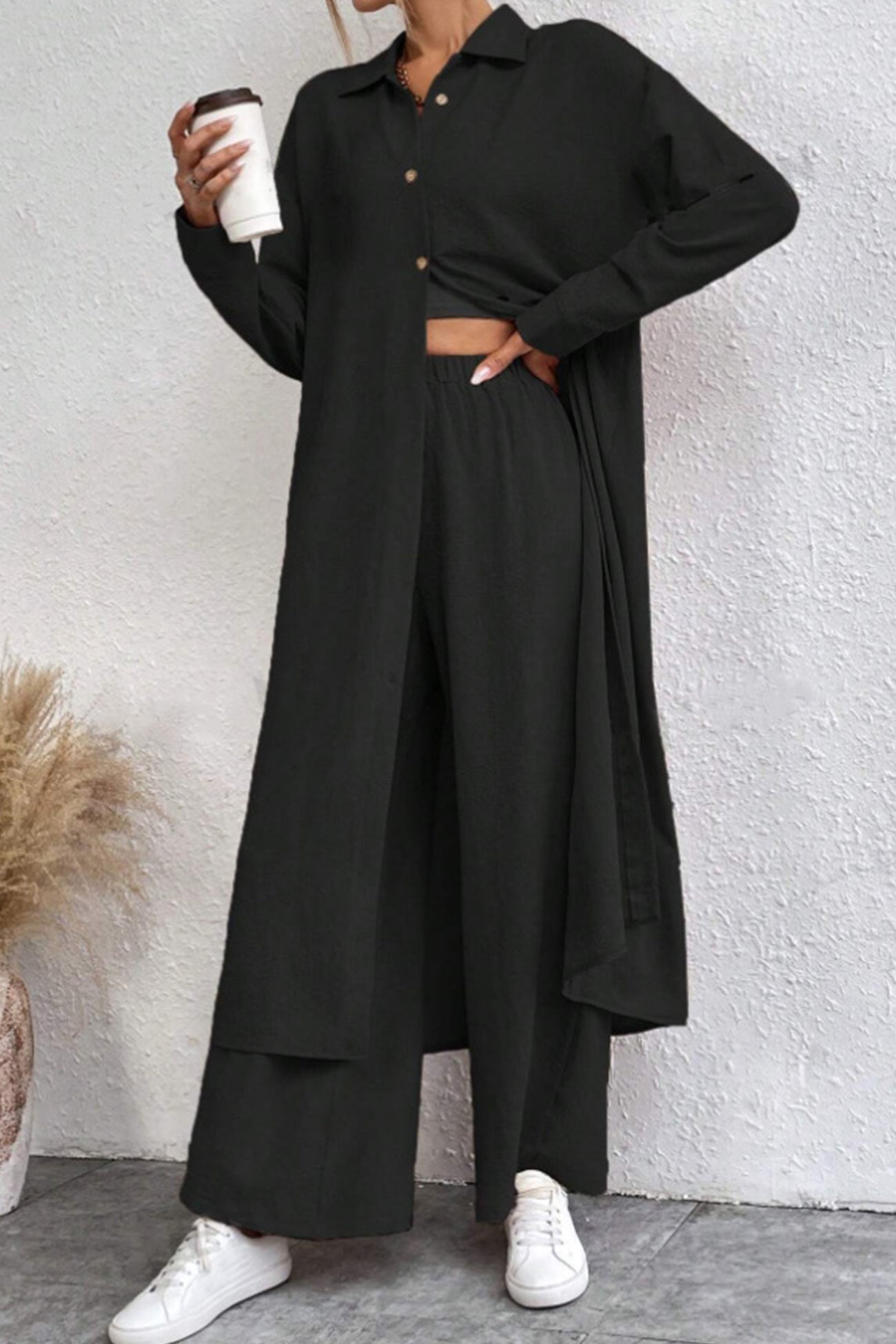Women's solid button-down knee-length shirt and wide leg pants set