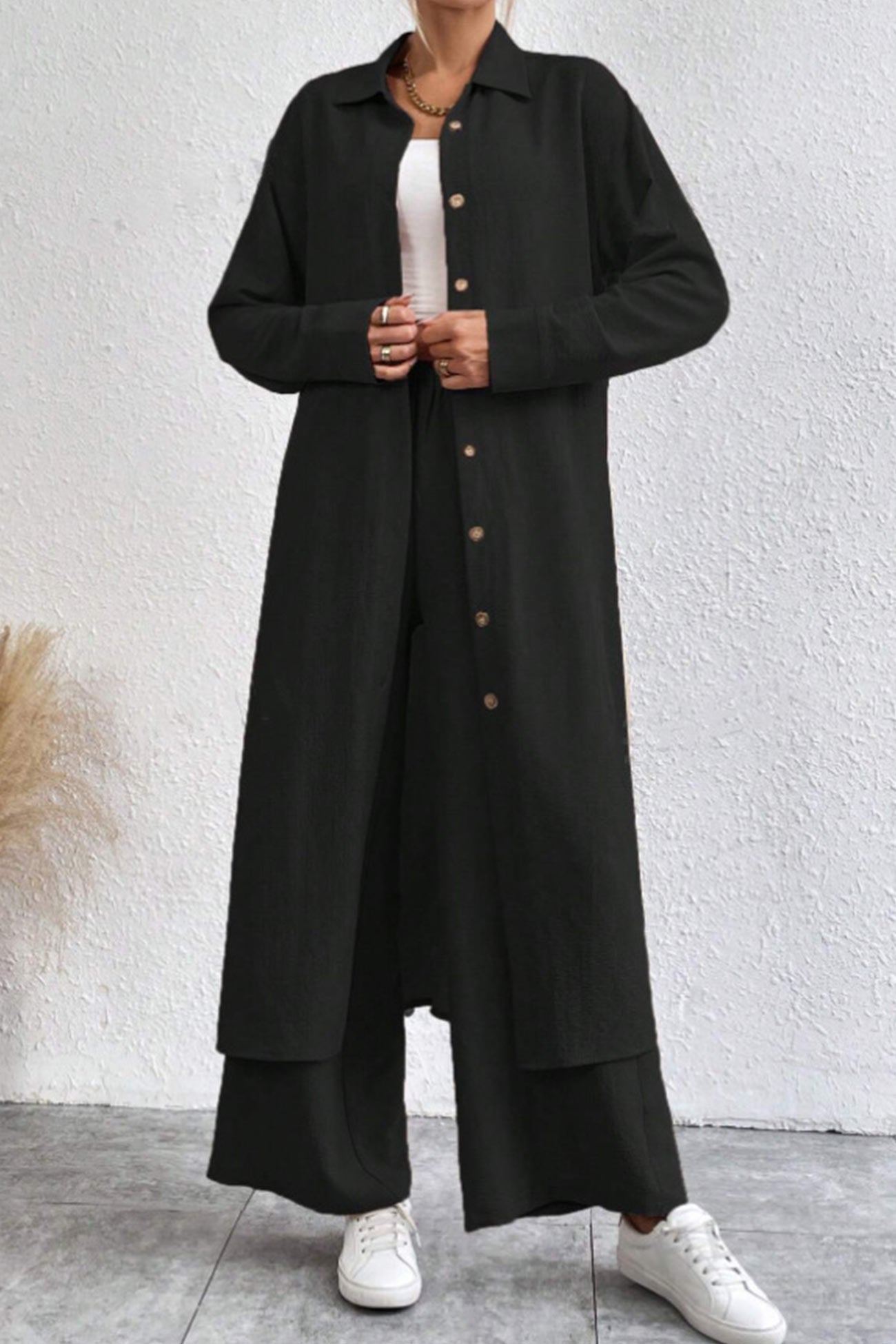 Women's solid button-down knee-length shirt and wide leg pants set