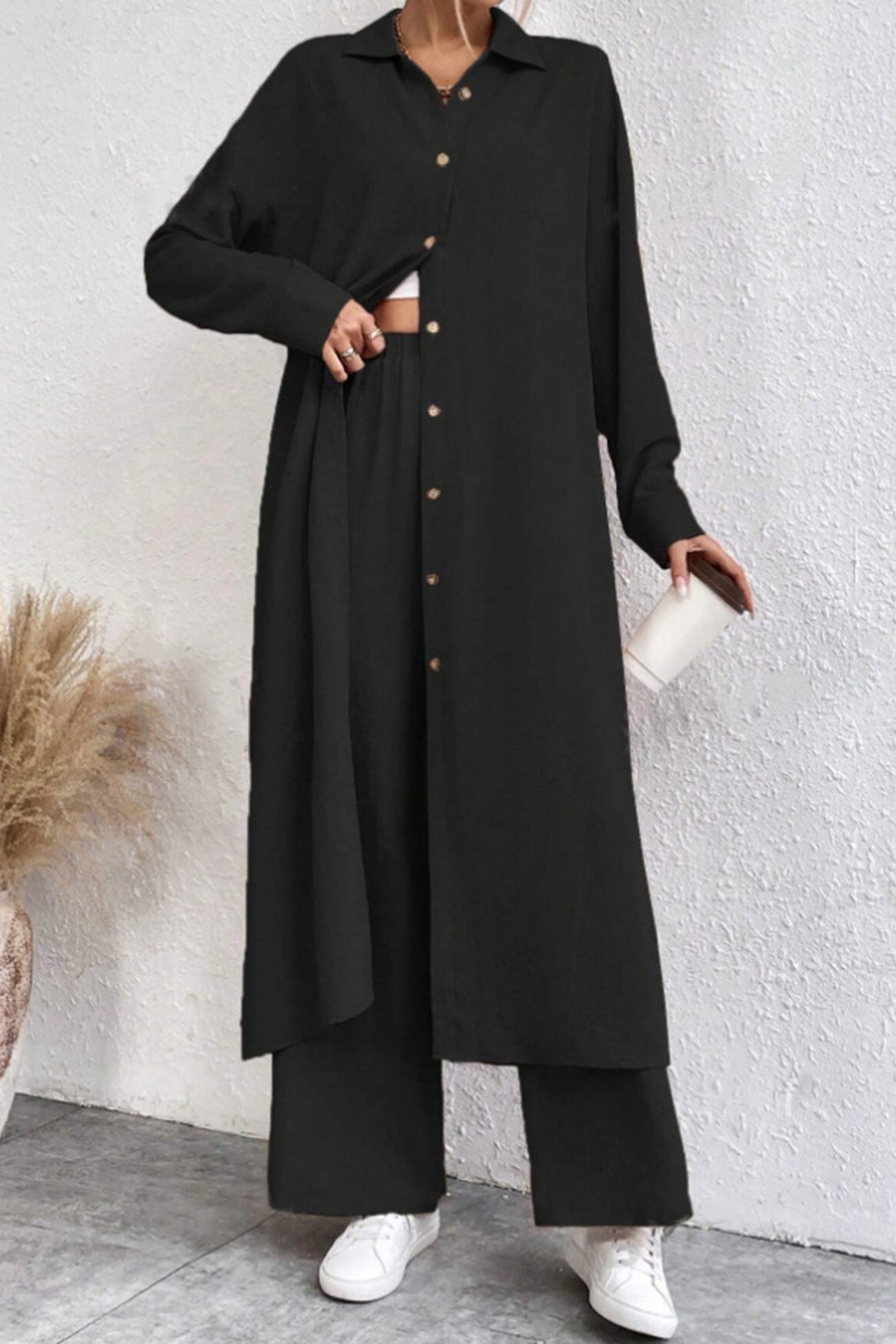 Women's solid button-down knee-length shirt and wide leg pants set
