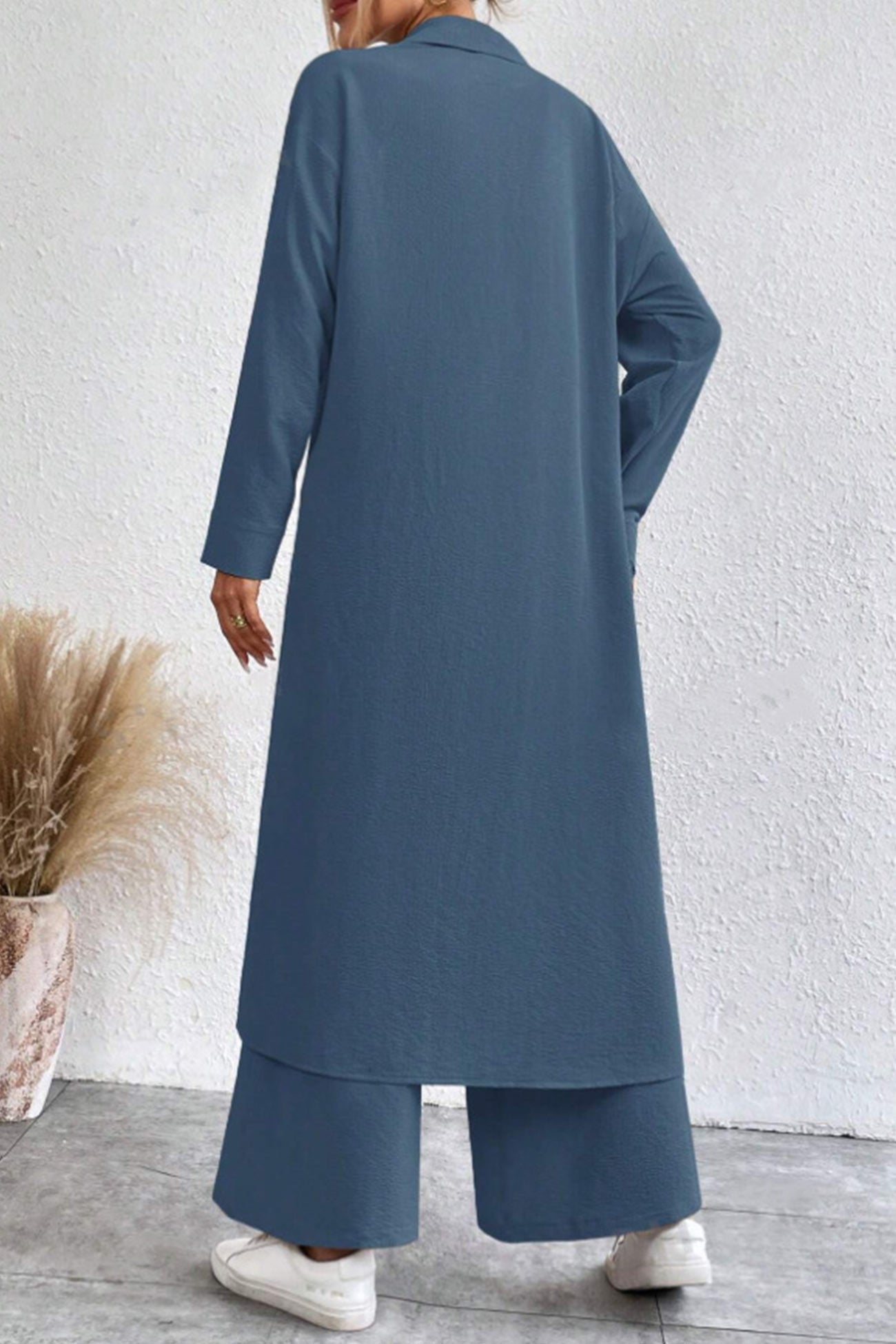 Women's solid button-down knee-length shirt and wide leg pants set