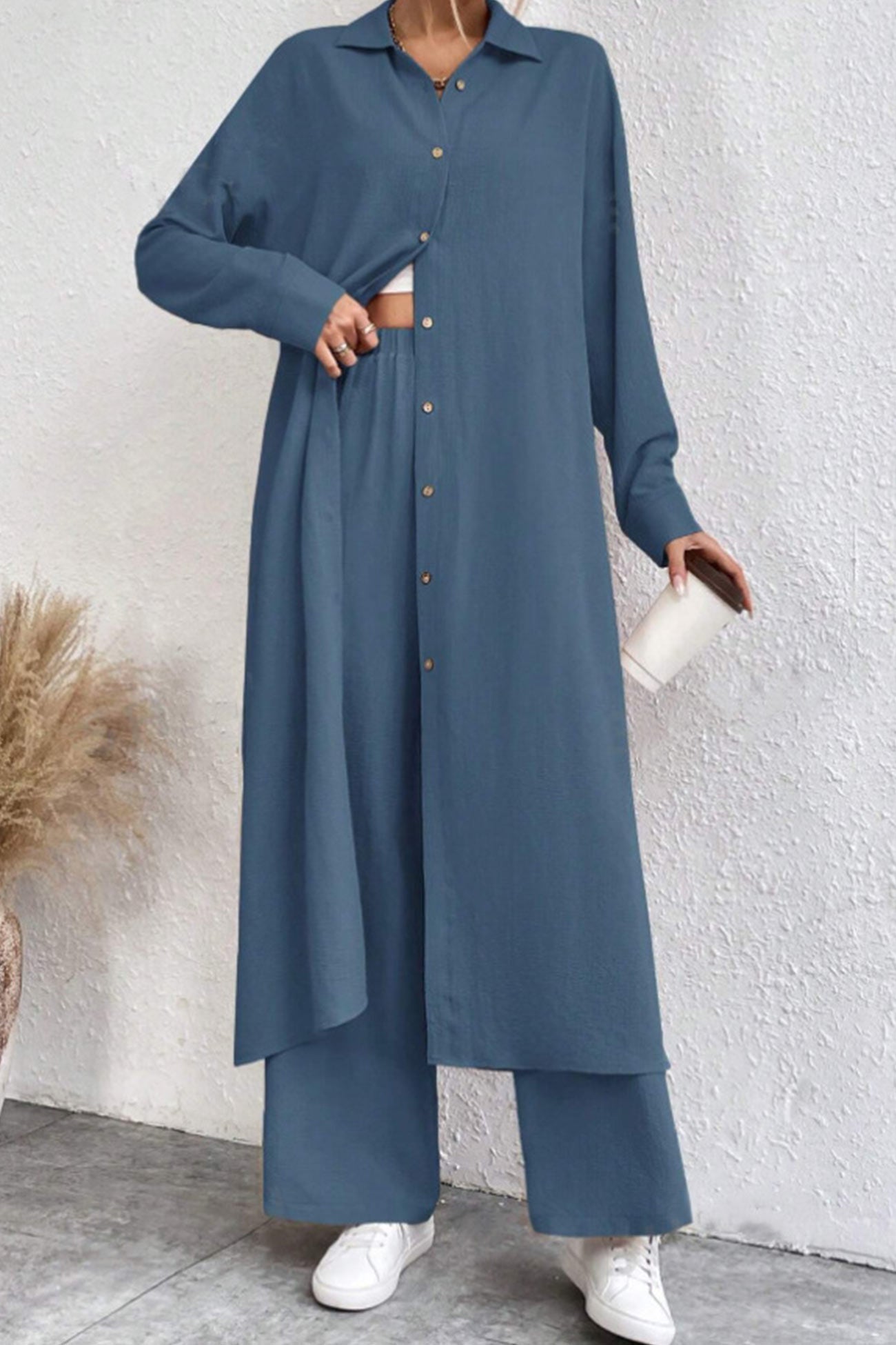 Women's solid button-down knee-length shirt and wide leg pants set