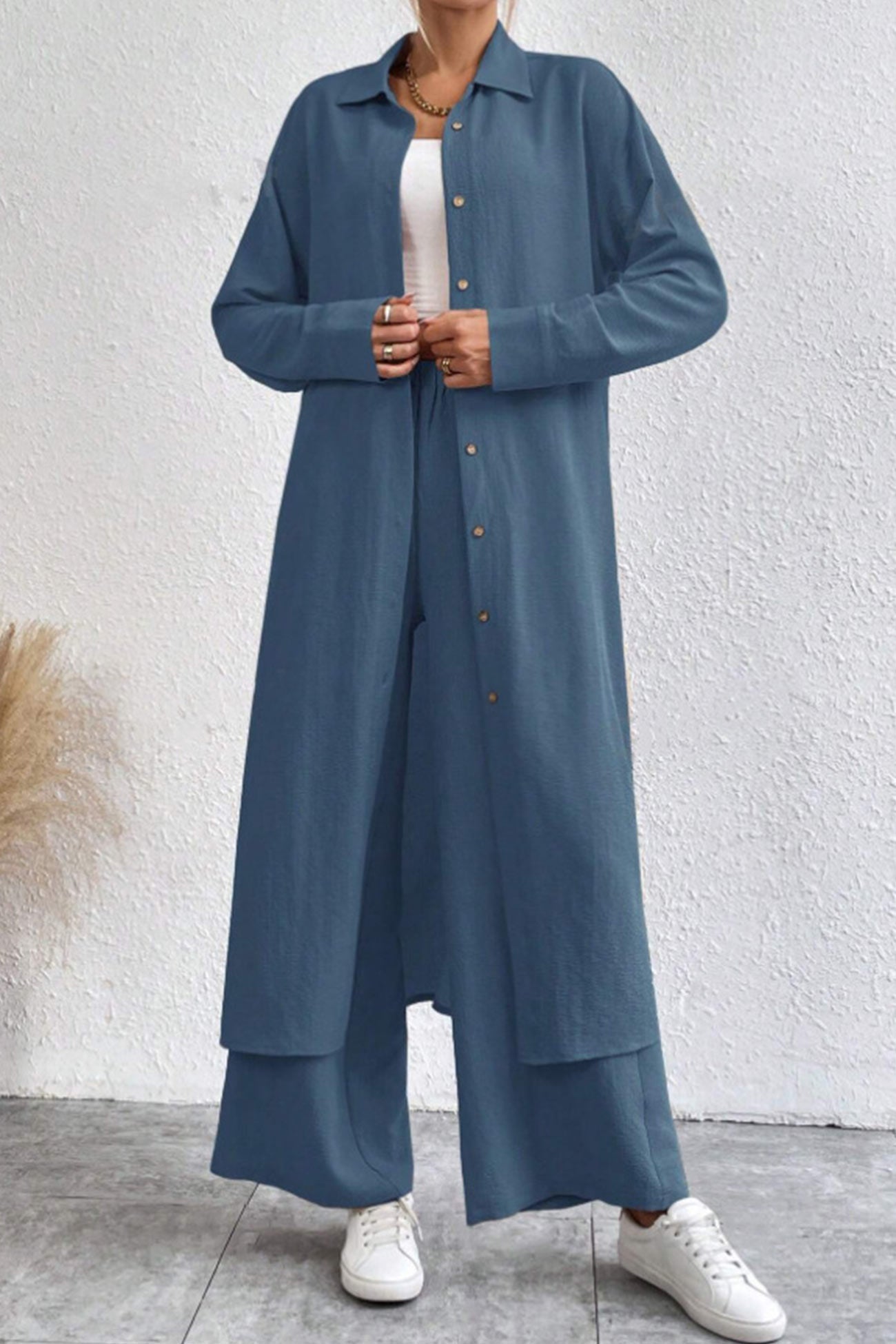 Women's solid button-down knee-length shirt and wide leg pants set