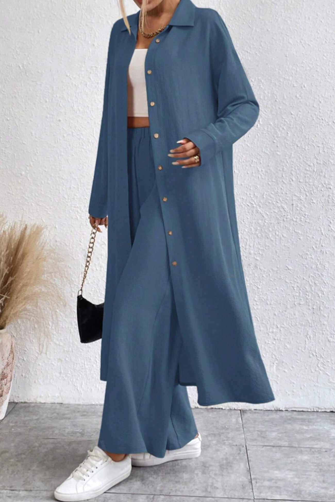 Women's solid button-down knee-length shirt and wide leg pants set