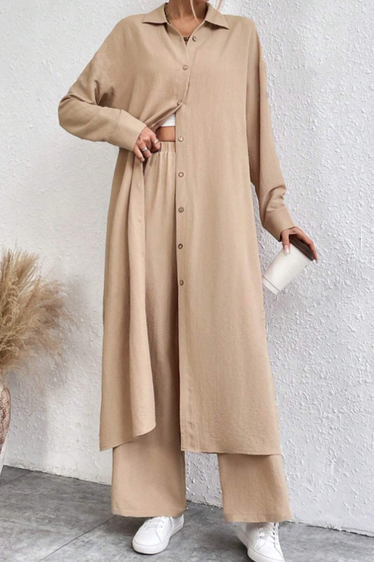 Women's solid button-down knee-length shirt and wide leg pants set