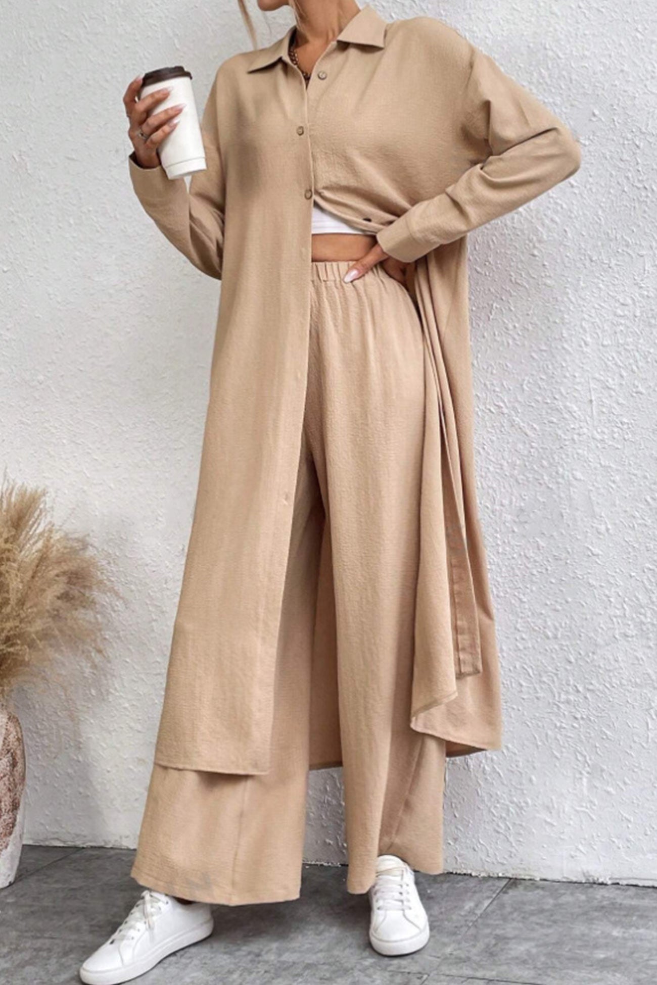 Women's solid button-down knee-length shirt and wide leg pants set