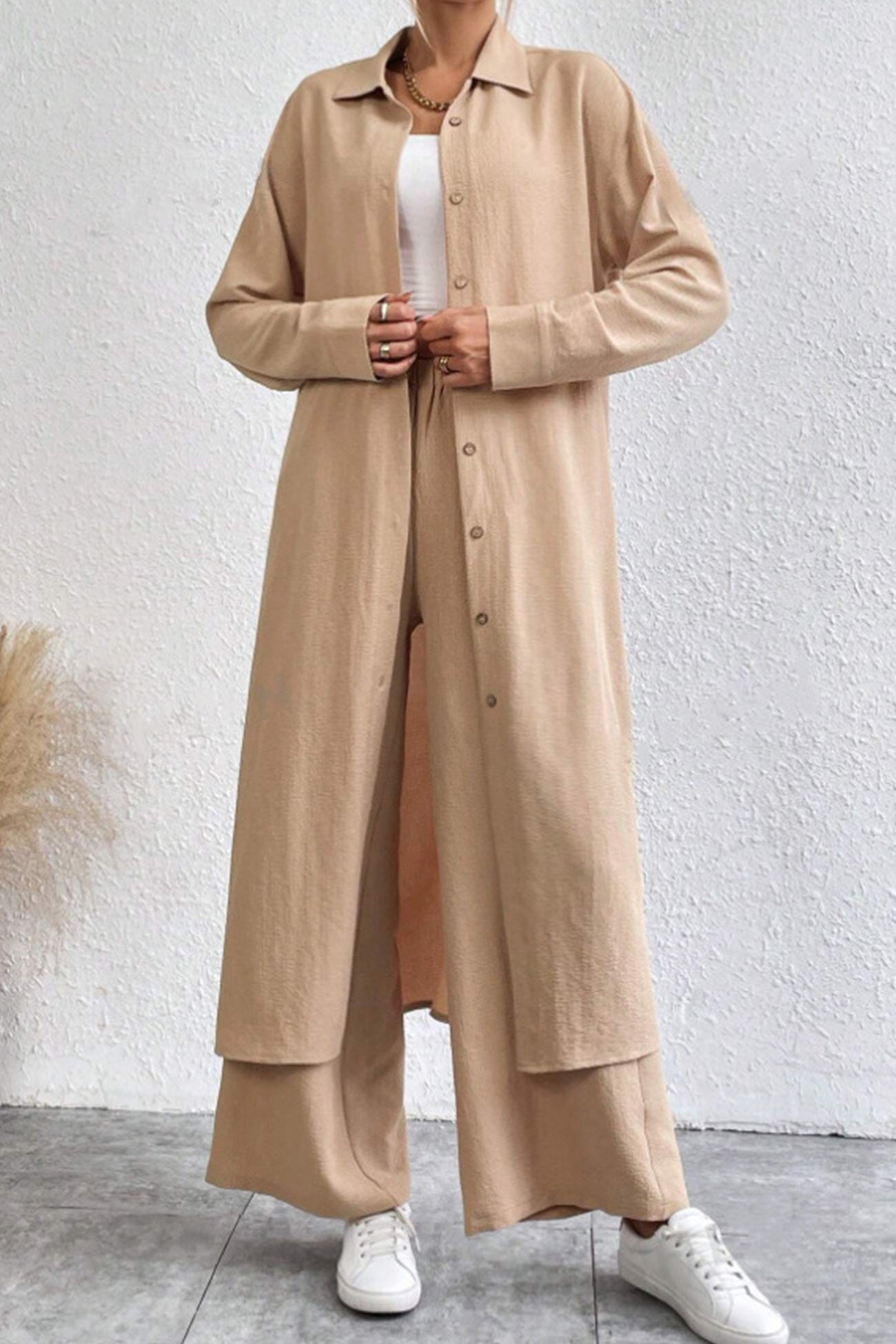 Women's solid button-down knee-length shirt and wide leg pants set