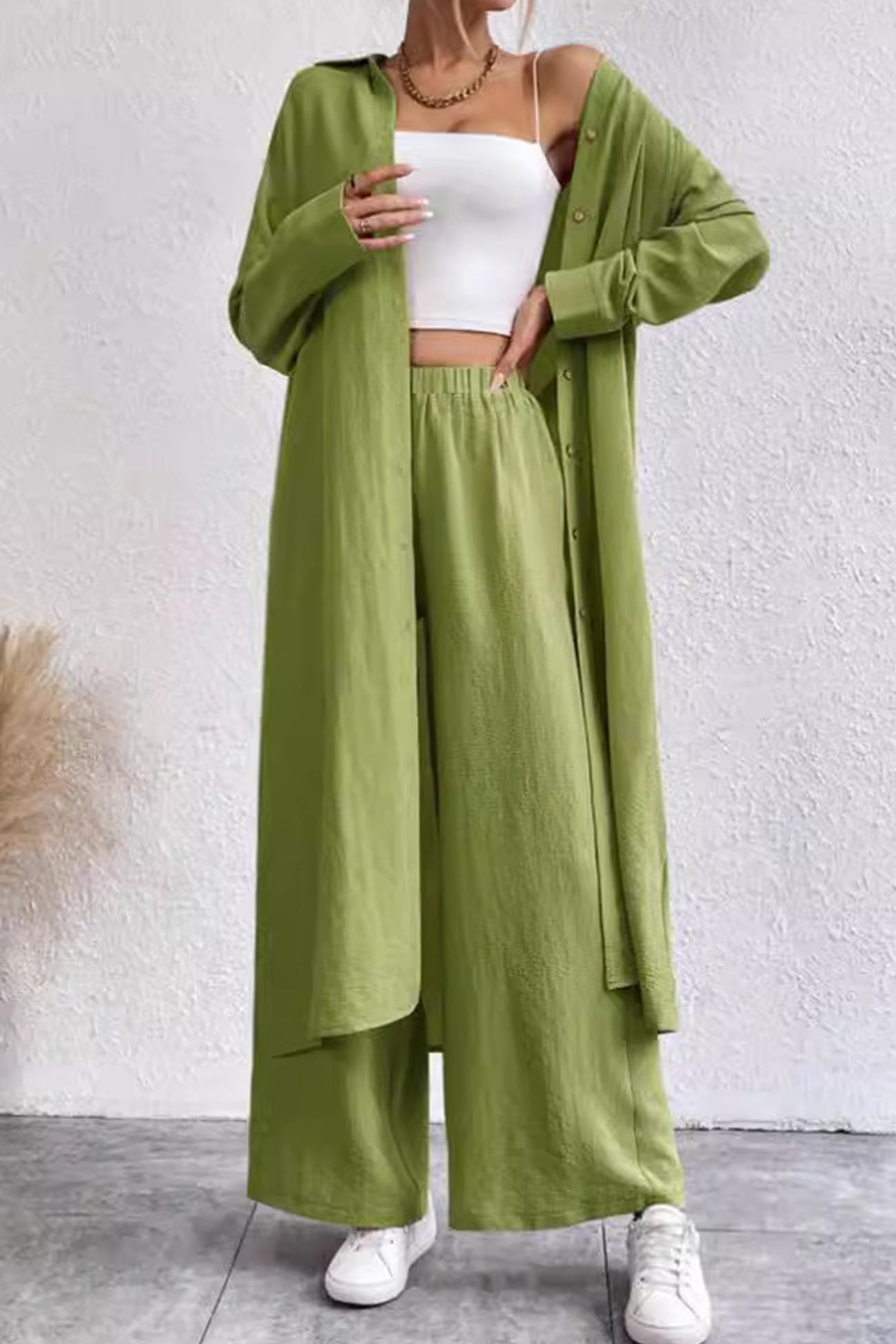 Women's solid button-down knee-length shirt and wide leg pants set