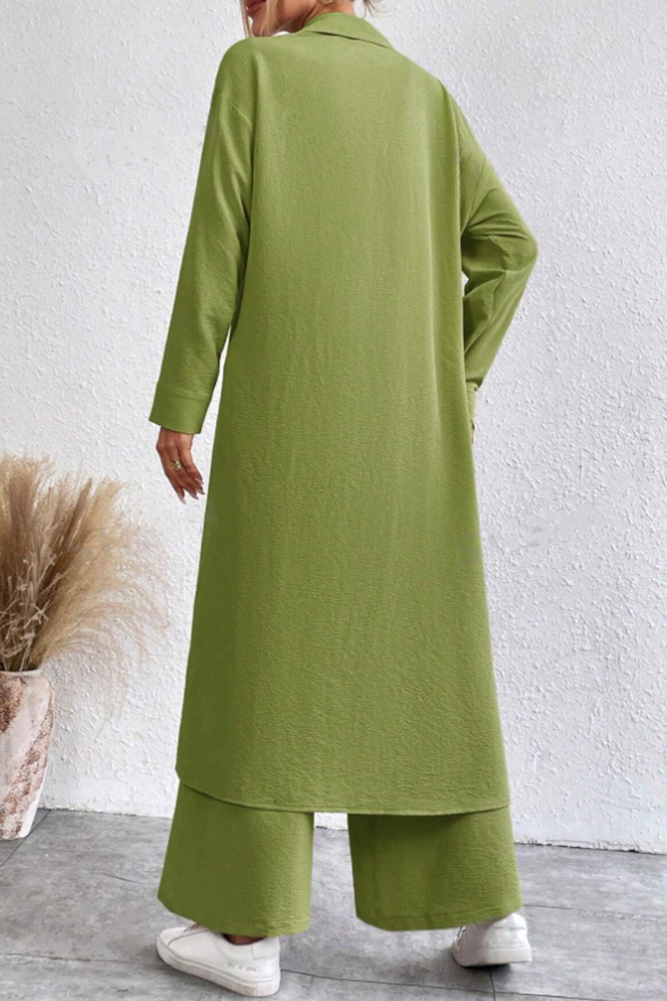 Women's solid button-down knee-length shirt and wide leg pants set