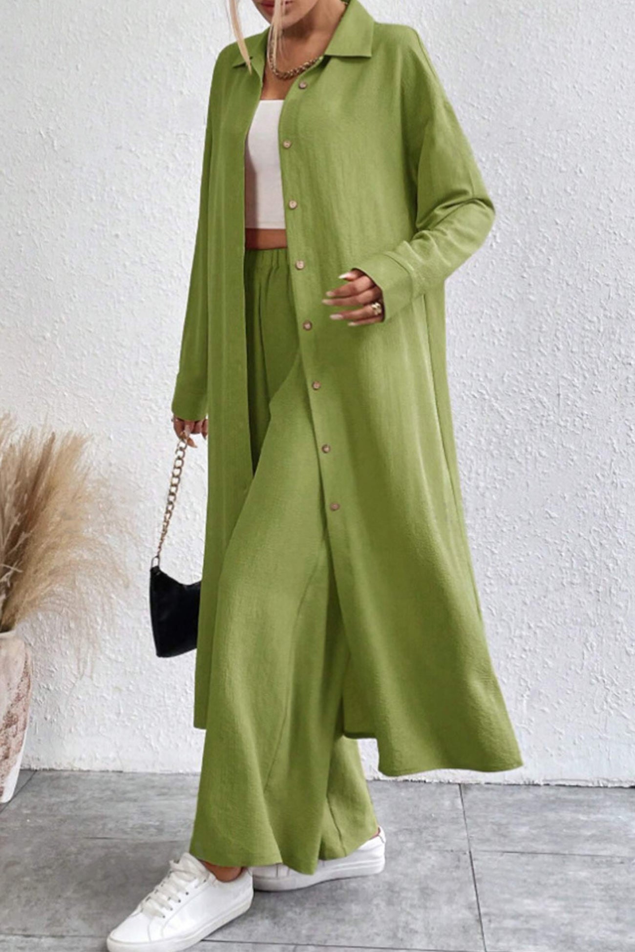 Women's solid button-down knee-length shirt and wide leg pants set
