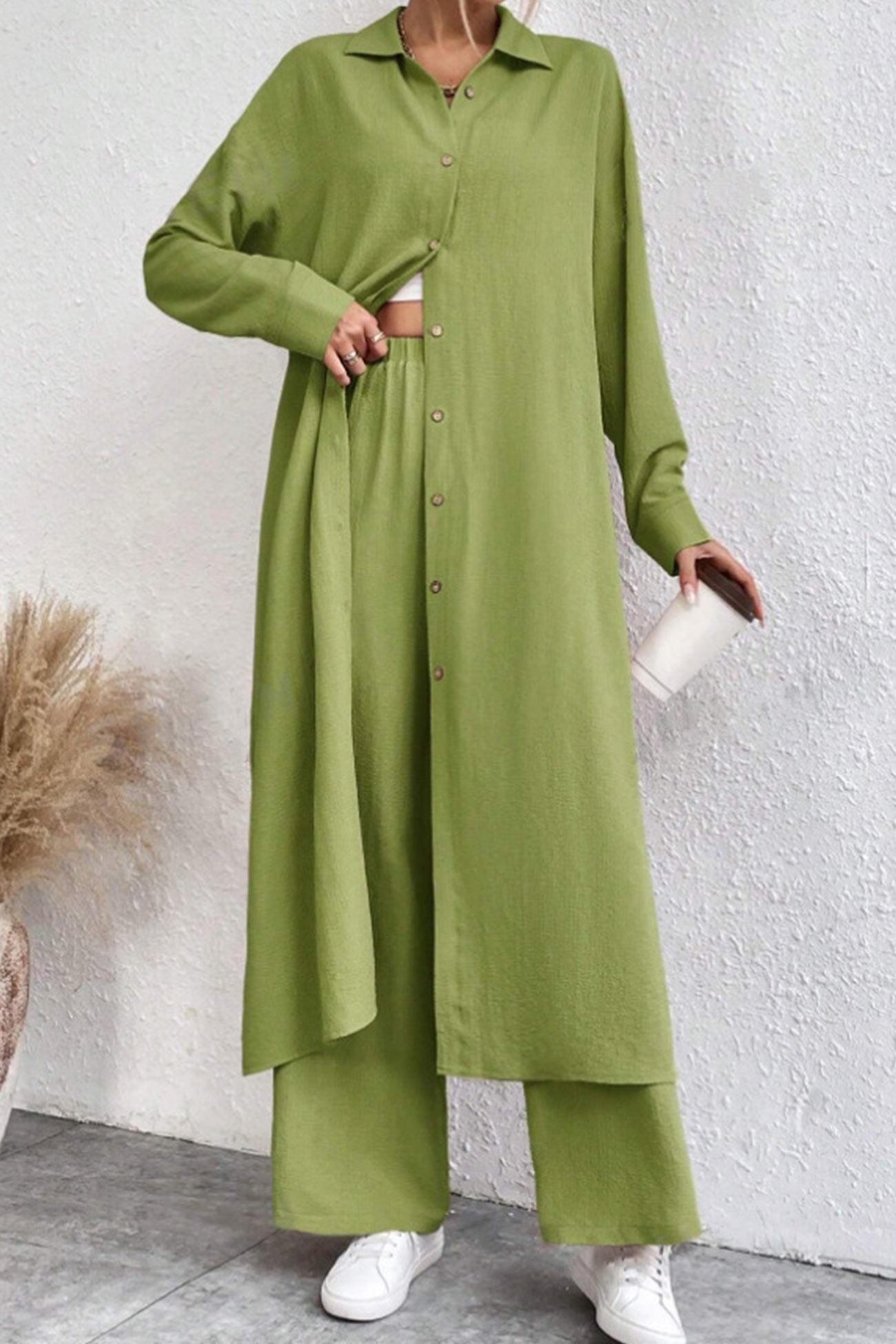 Women's solid button-down knee-length shirt and wide leg pants set