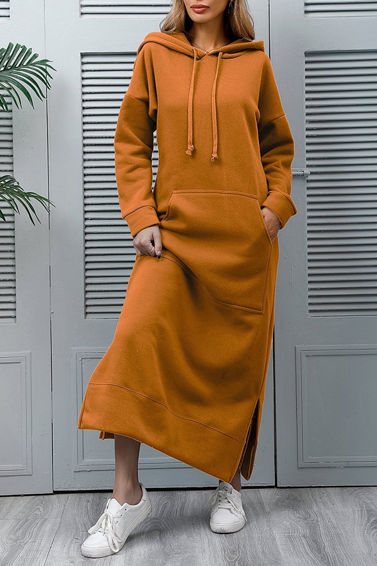 Women's Hoodie Dress - Long Casual Fit - Side Slit - With Pockets - Soft Fabric