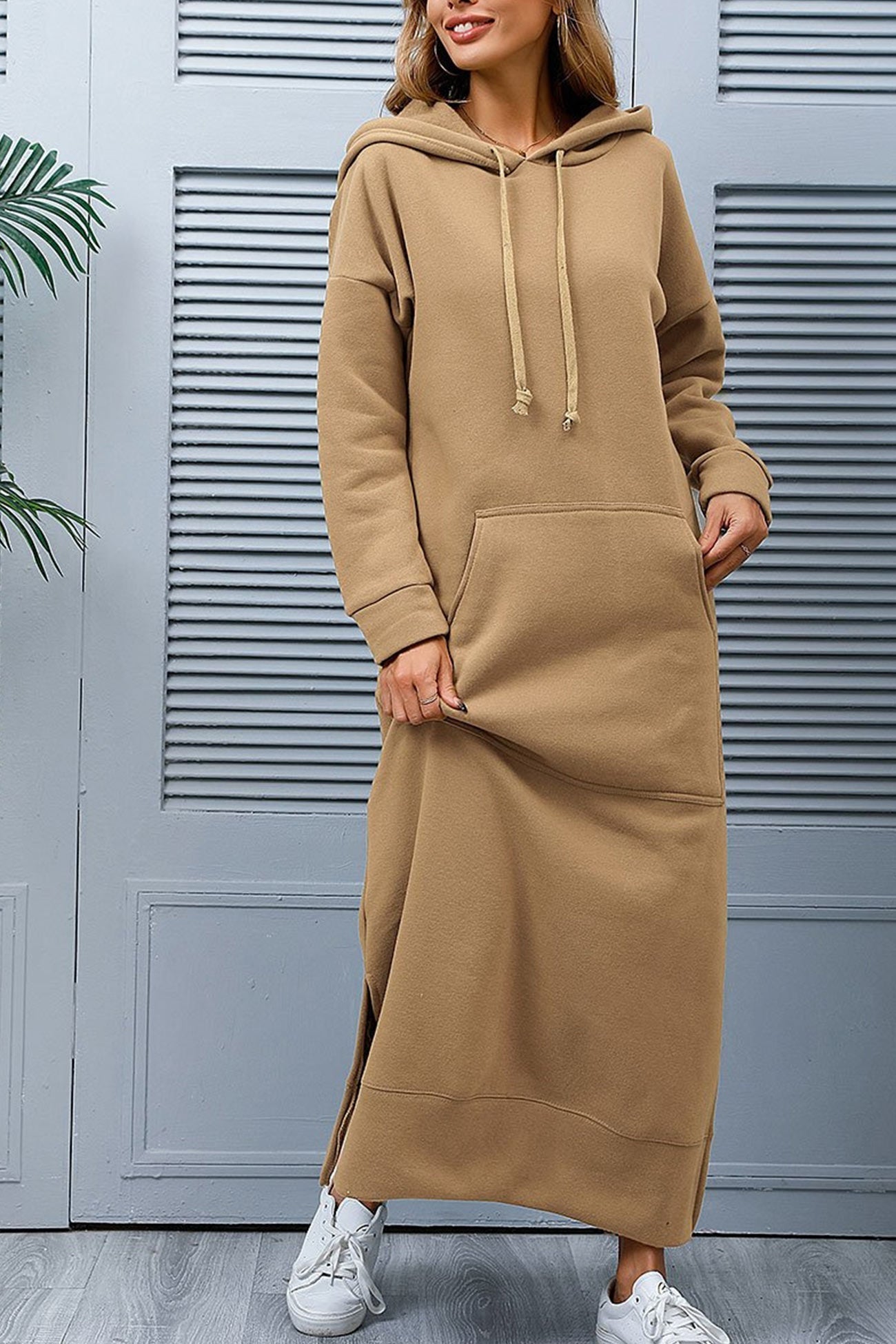 Women's Hoodie Dress - Long Casual Fit - Side Slit - With Pockets - Soft Fabric